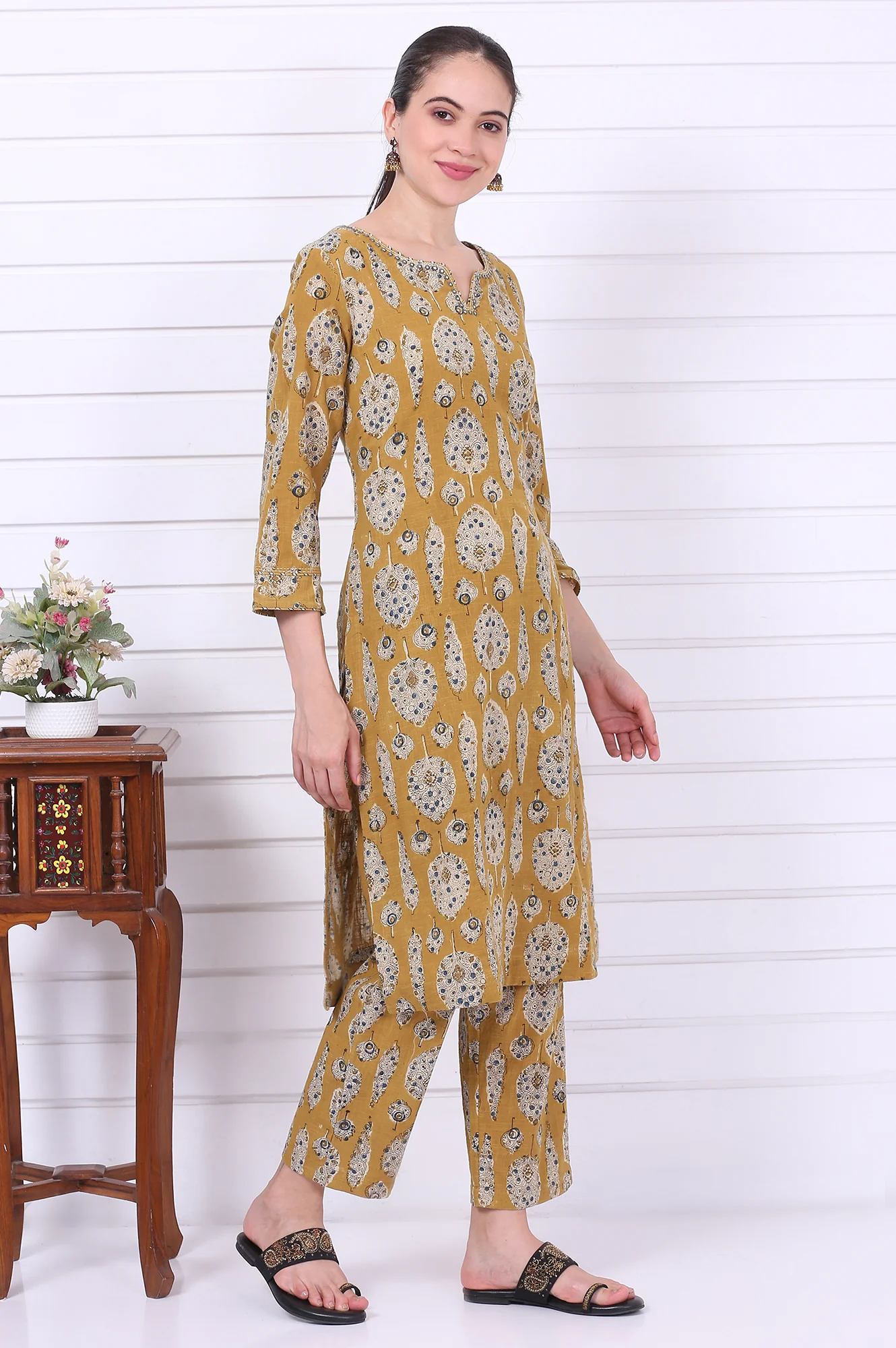 Yellow Kalamkari Printed Mirror Work Straight Pure Cotton Kurta, Pants and Dupatta Set - Image 7