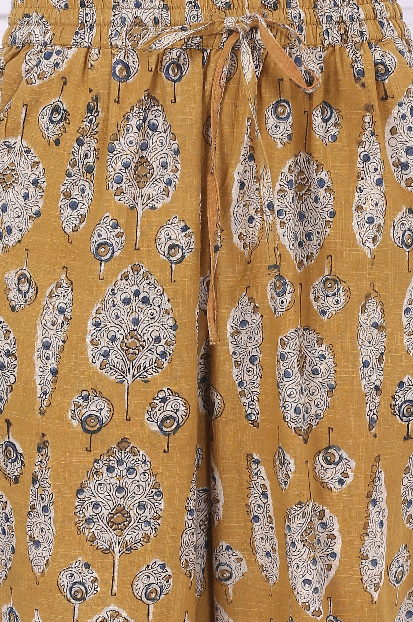 Yellow Kalamkari Printed Mirror Work Straight Pure Cotton Kurta, Pants and Dupatta Set - Image 9