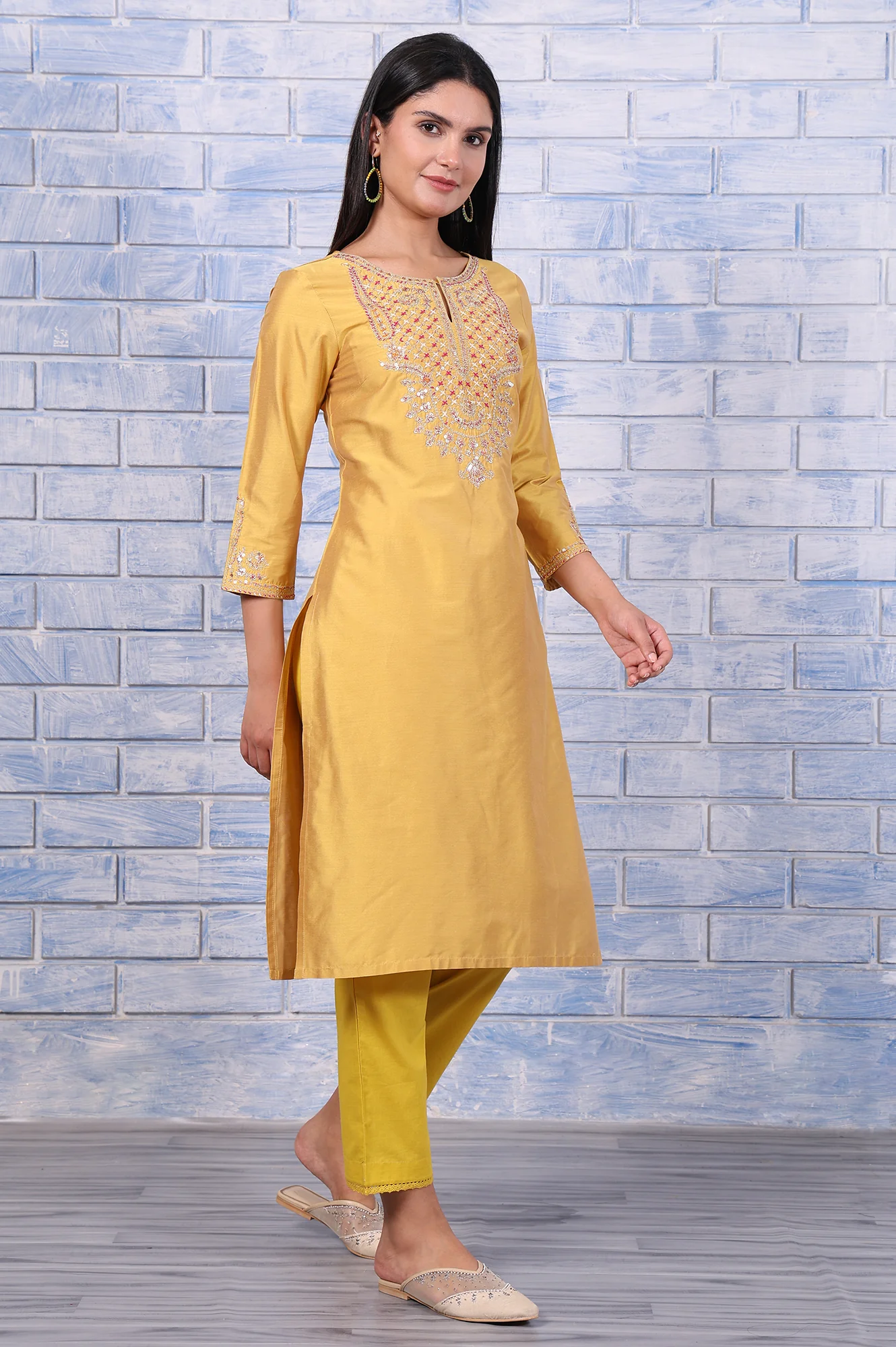 Yellow Metallic Embroidered Straight  Kurta - Image 6