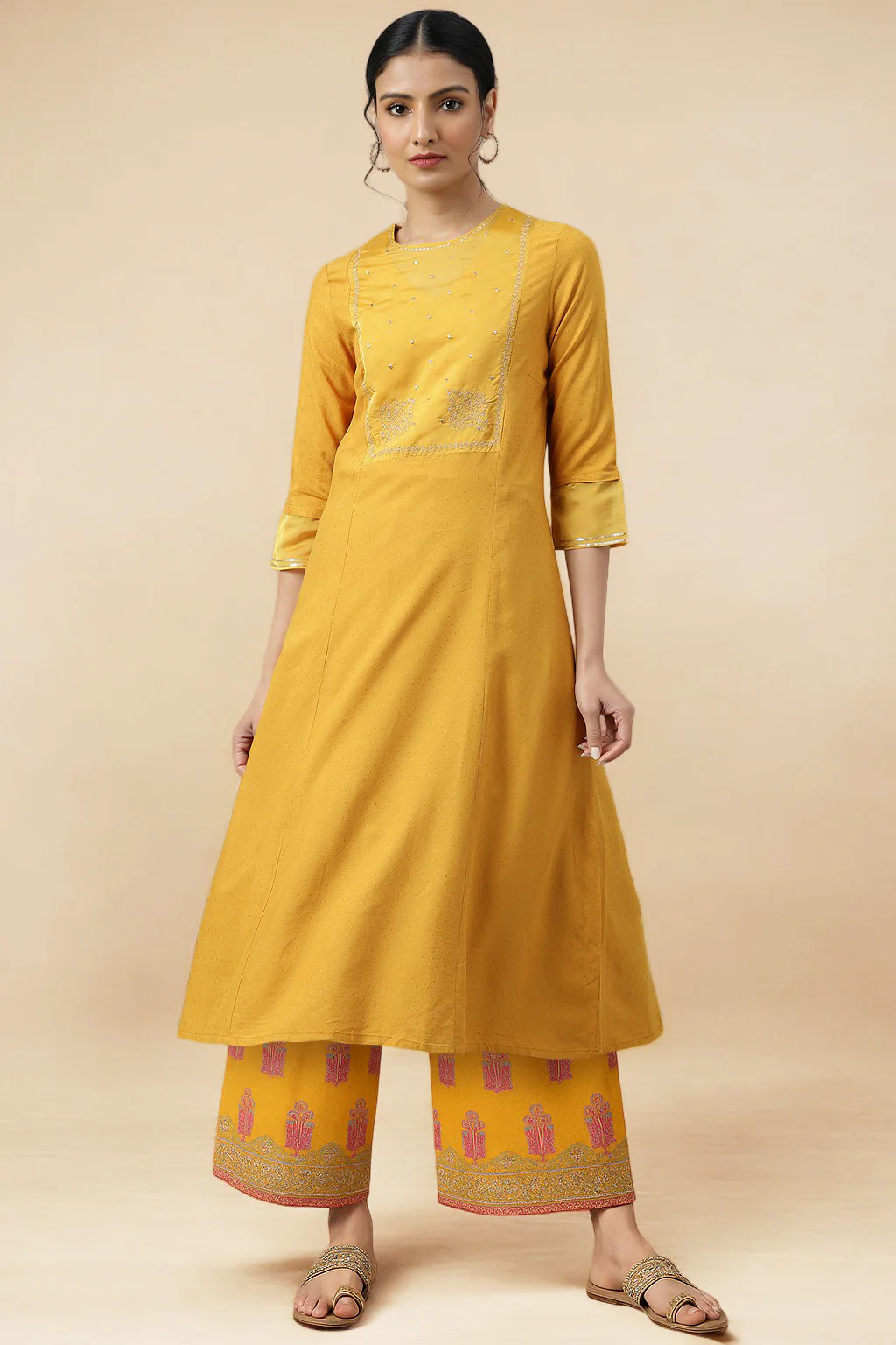 Yellow Metallic Embroidery Straight Kurta and Parallel Pant Set - Image 2