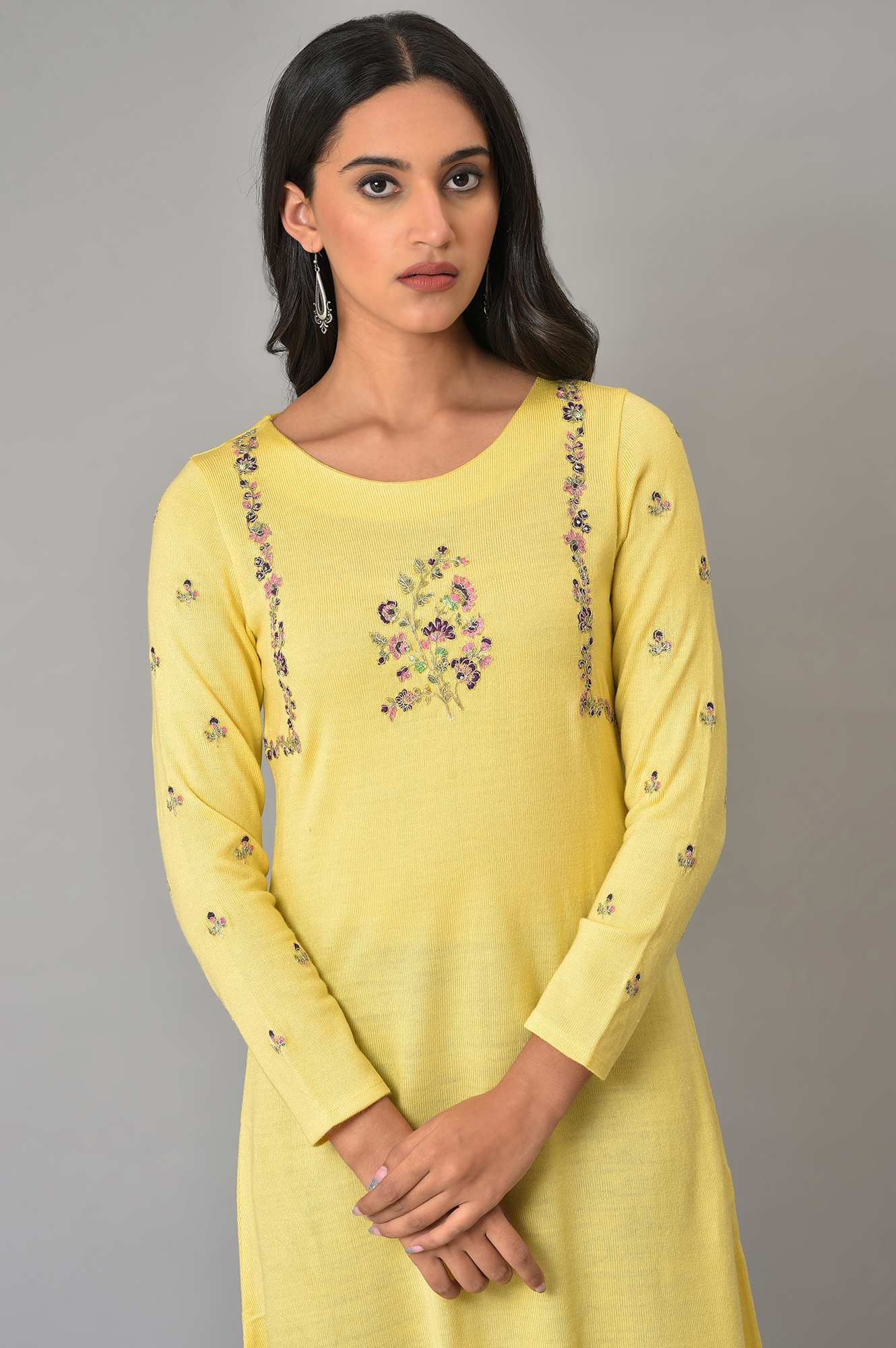 Yellow Multi-Coloured Embroidery Winter kurta - Image 5