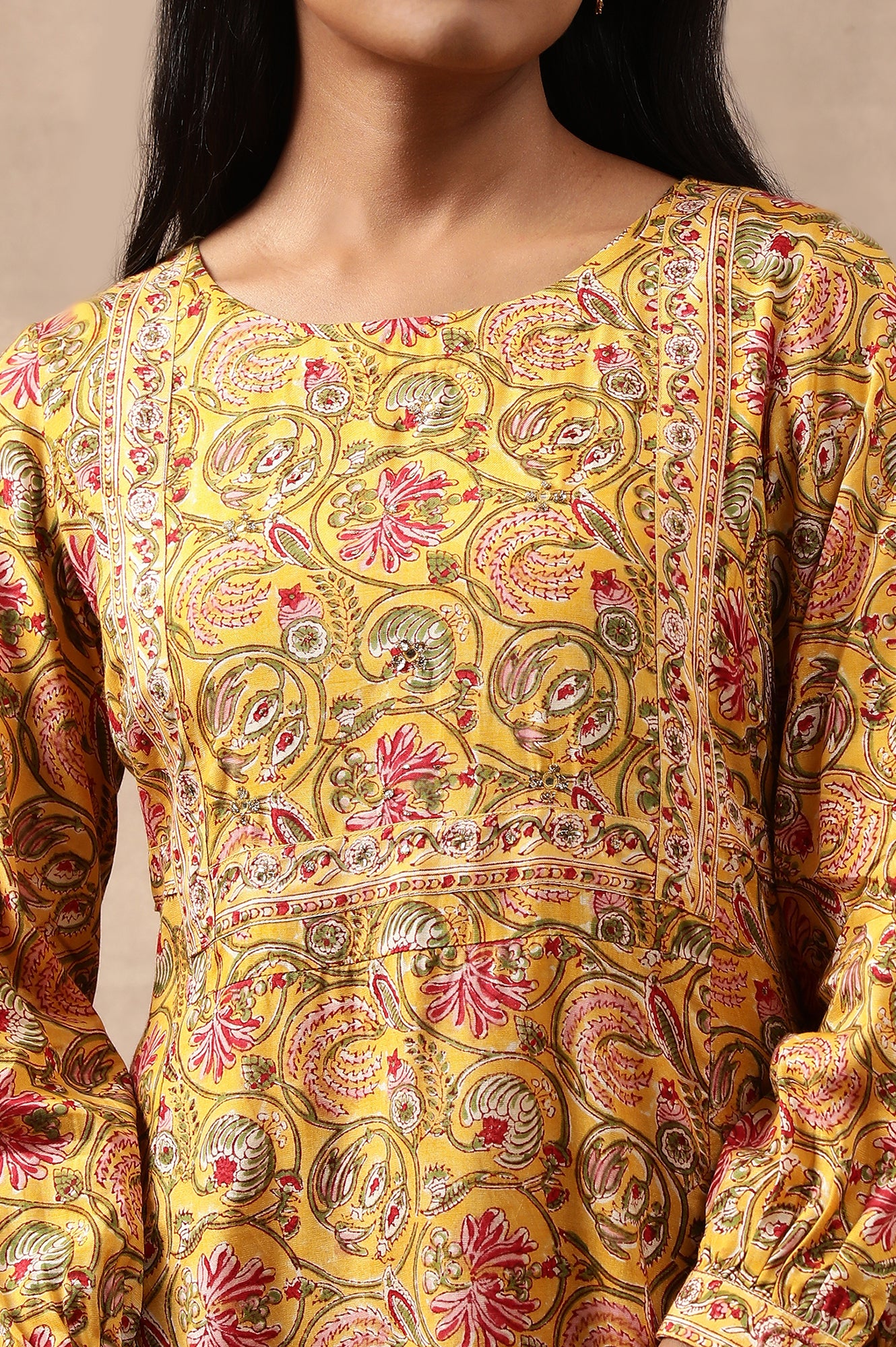 Yellow Multicoloured Floral Hand Block Print kurta - Image 6