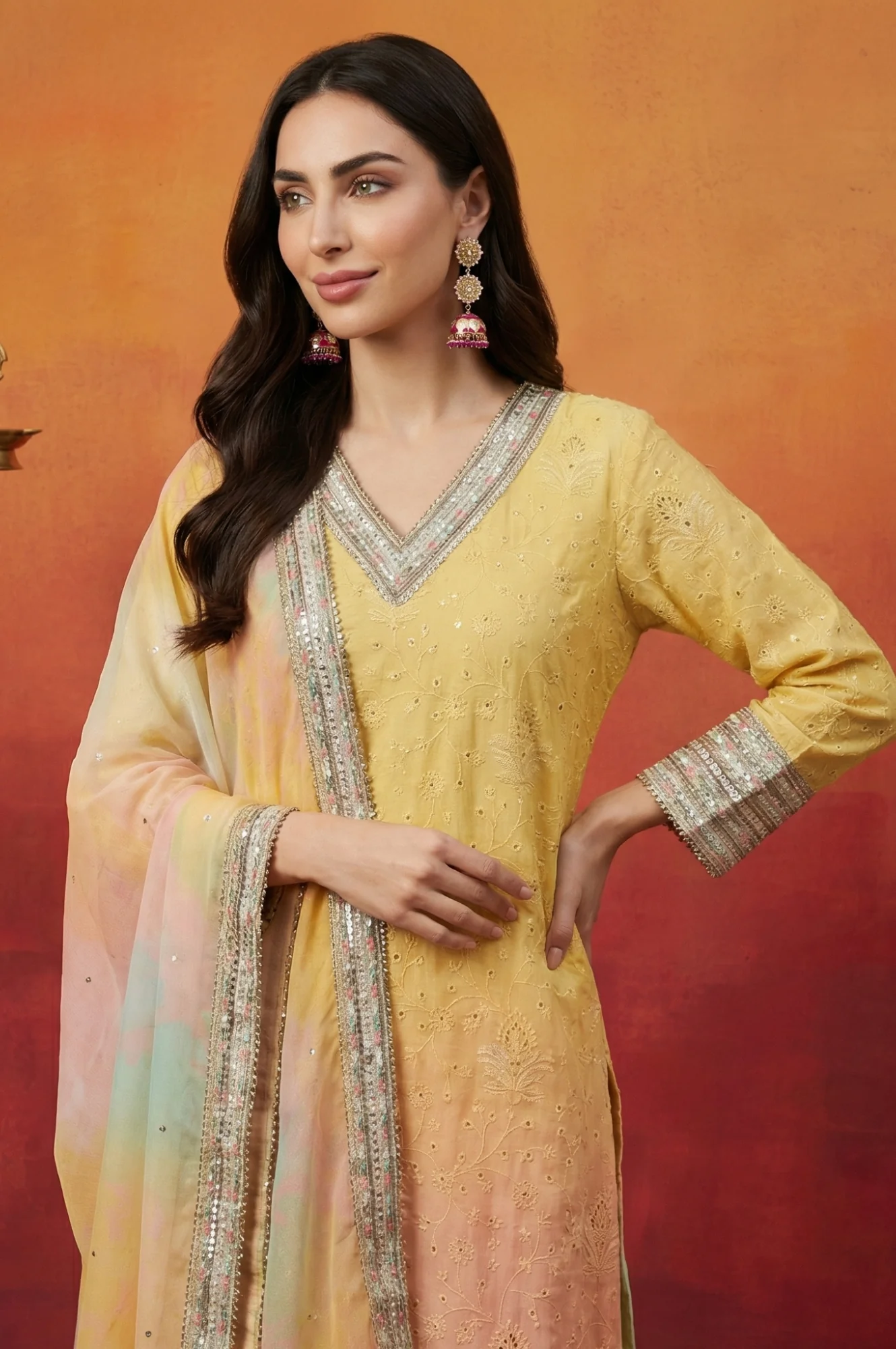 Yellow Ombre Thread Embroidered Georgette Straight Kurta with  and Dupatta Set - Image 2