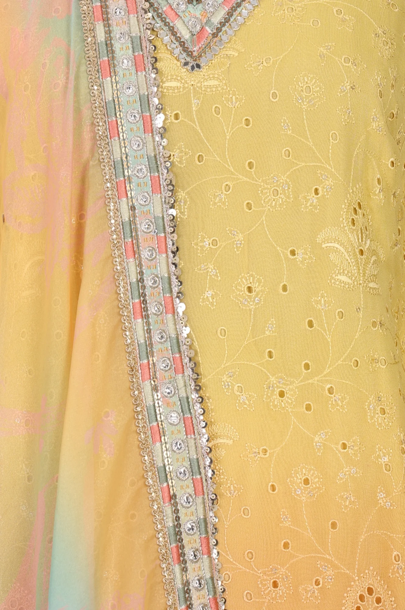 Yellow Ombre Thread Embroidered Georgette Straight Kurta with  and Dupatta Set - Image 3