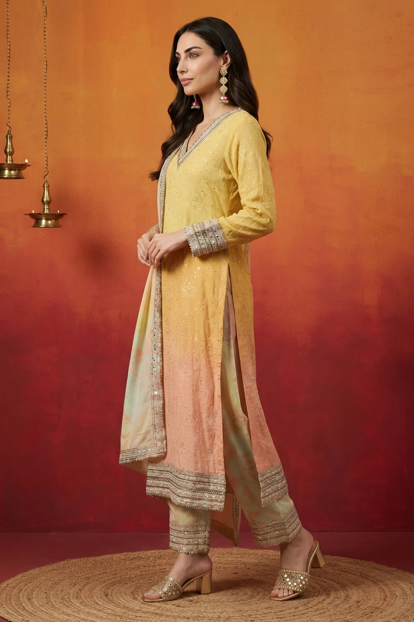 Yellow Ombre Thread Embroidered Georgette Straight Kurta with  and Dupatta Set - Image 4