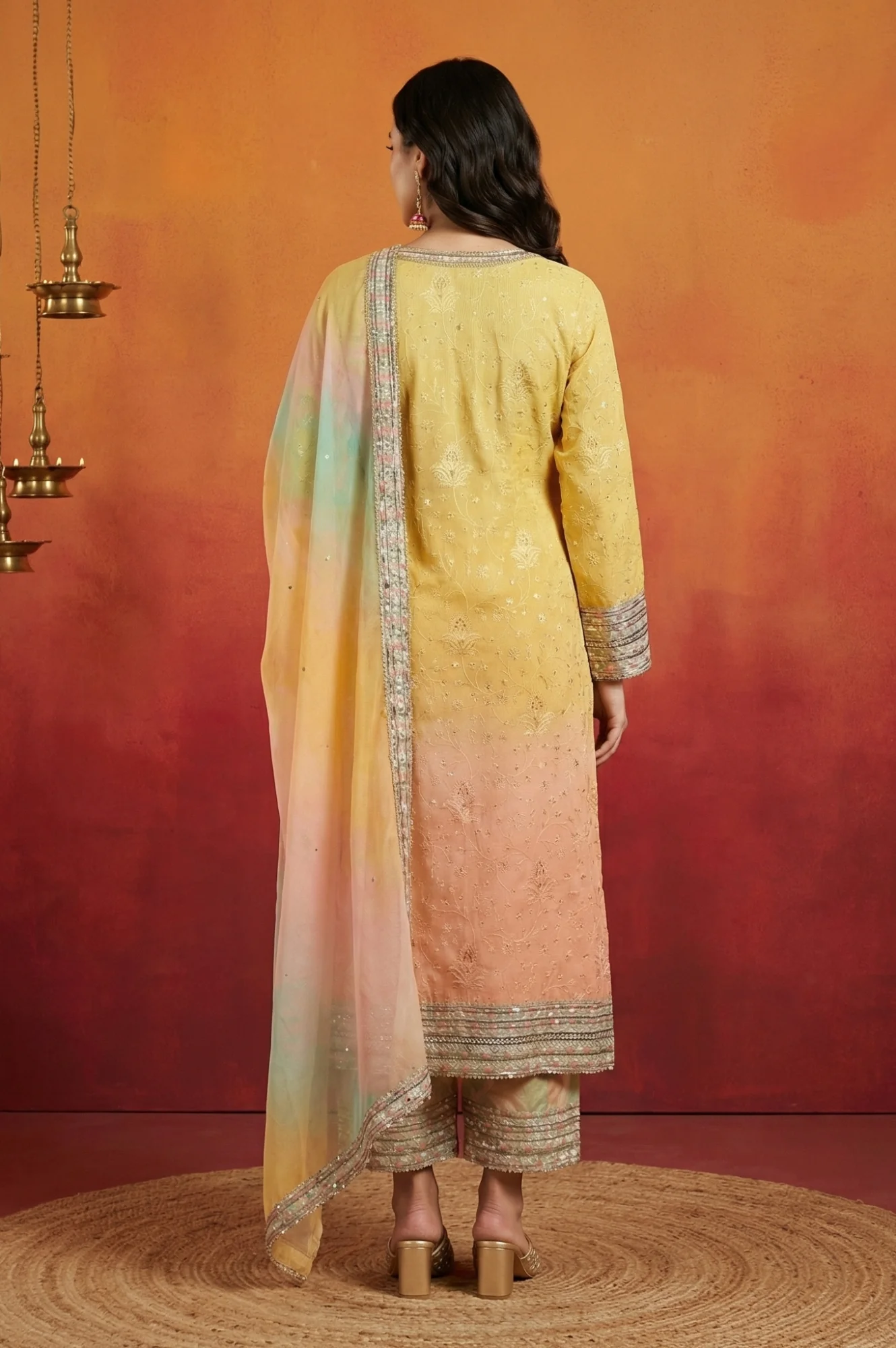 Yellow Ombre Thread Embroidered Georgette Straight Kurta with  and Dupatta Set - Image 5