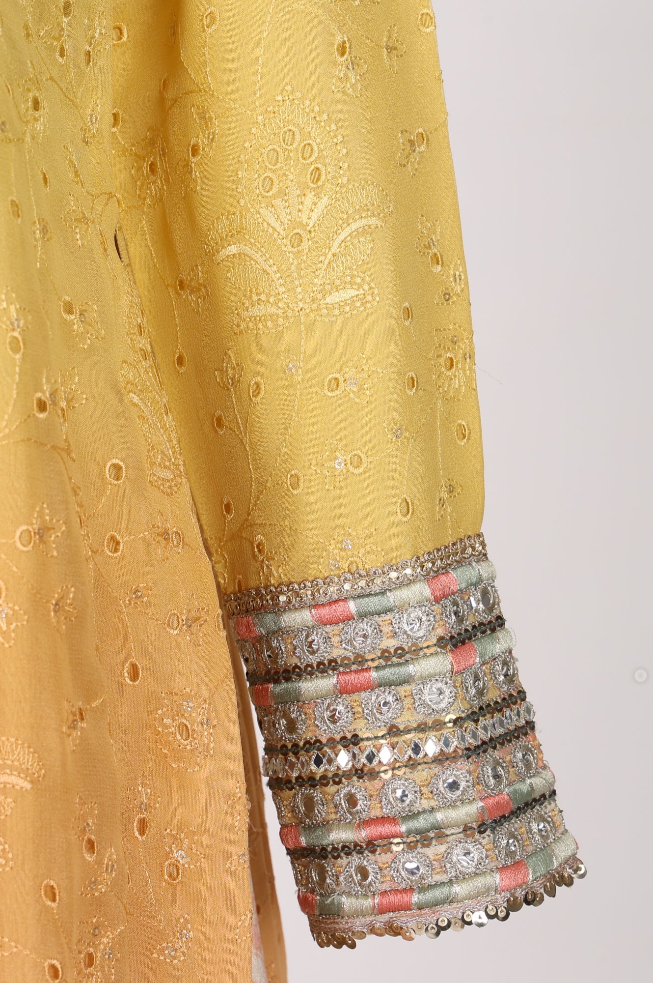 Yellow Ombre Thread Embroidered Georgette Straight Kurta with  and Dupatta Set - Image 7