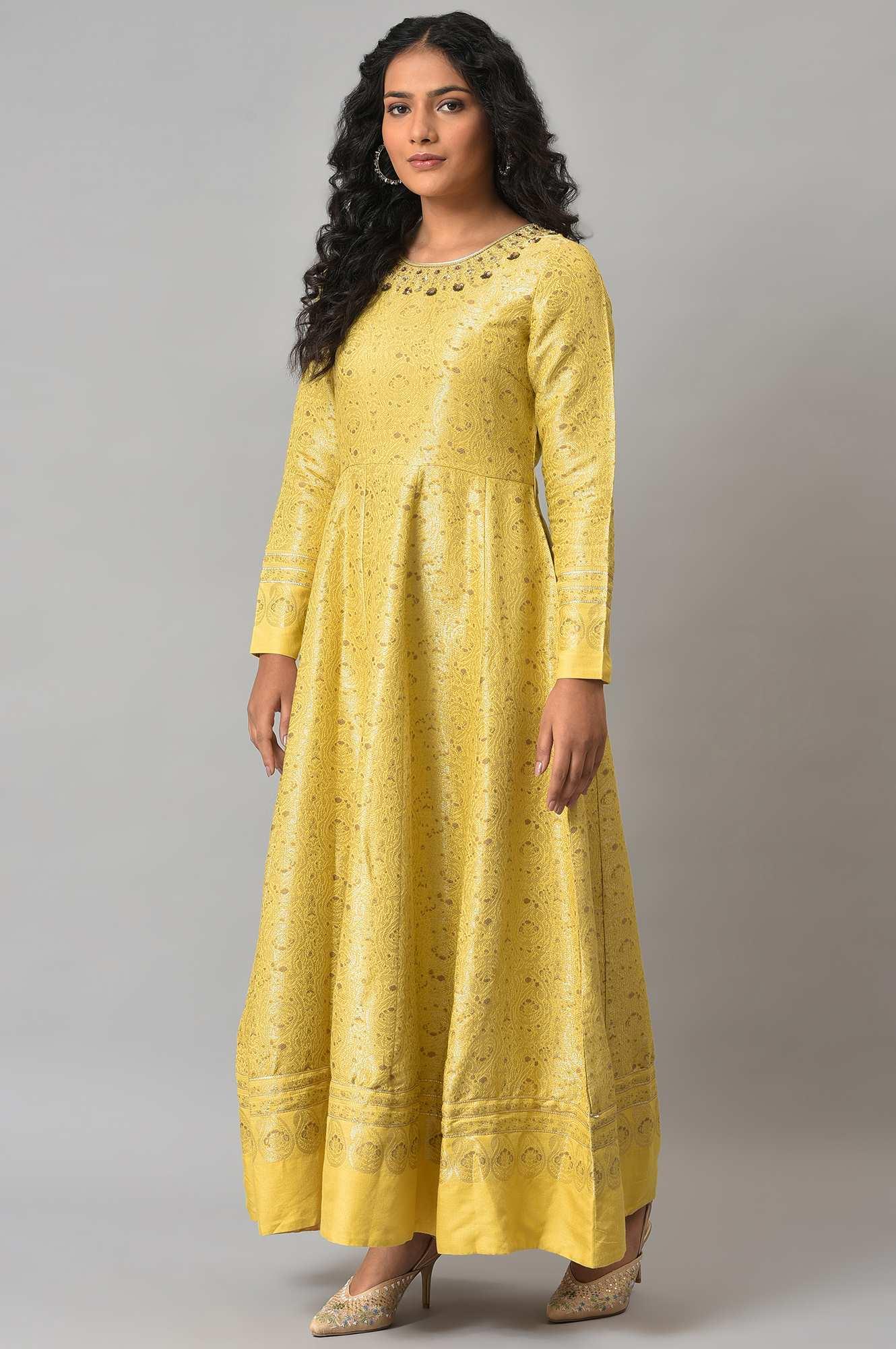 Yellow Paisley Printed Anarkali Indie Dress - Image 3