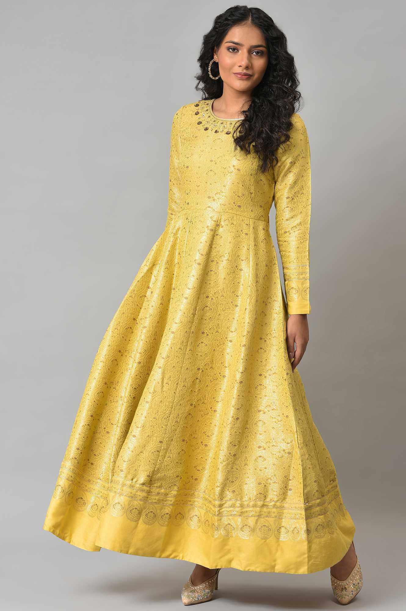 Yellow Paisley Printed Anarkali Indie Dress - Image 6