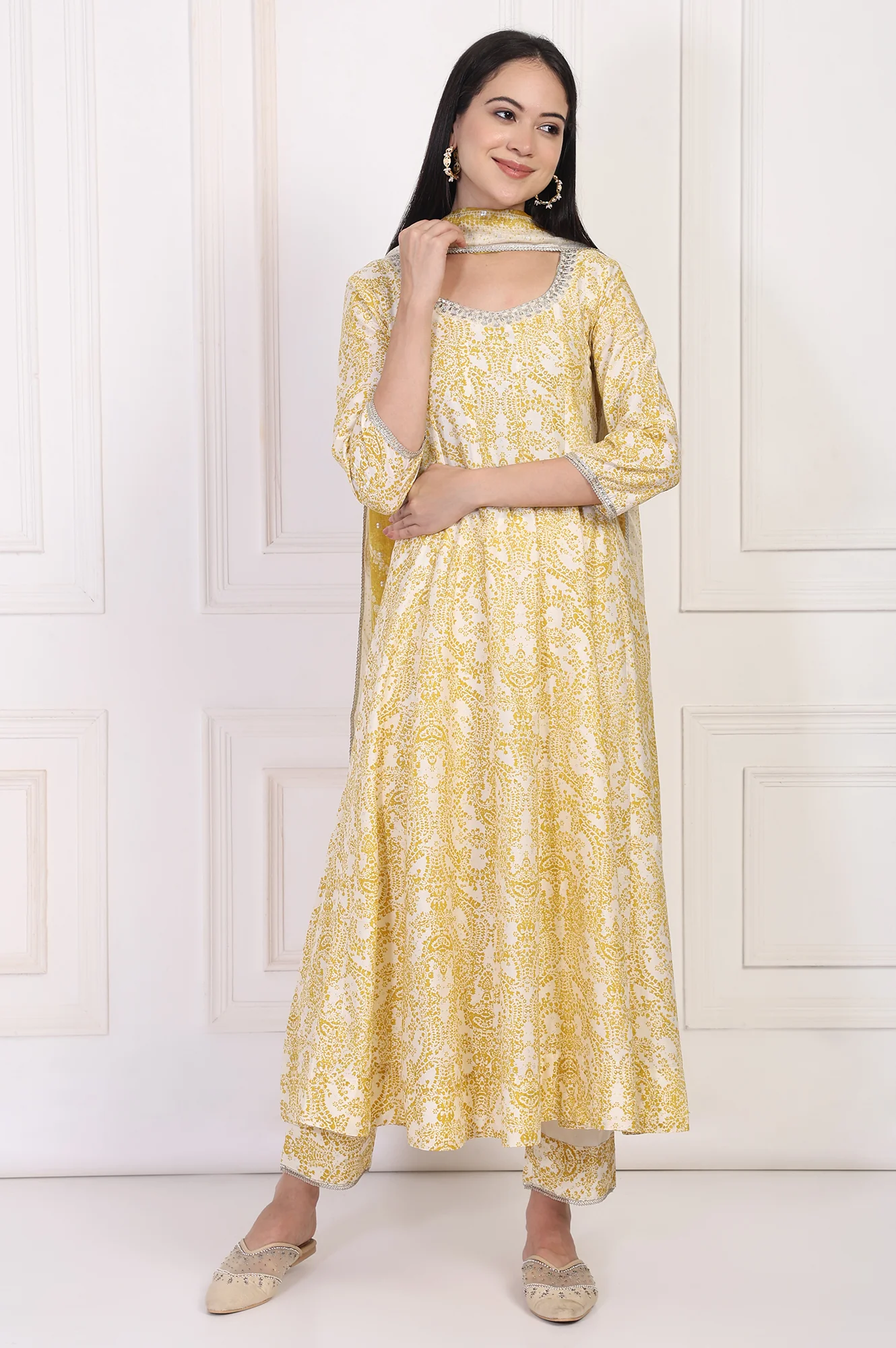 Yellow Paisley Printed Embellished Anarkali Kurta with Straight Pant and Dupatta Set - Image 2