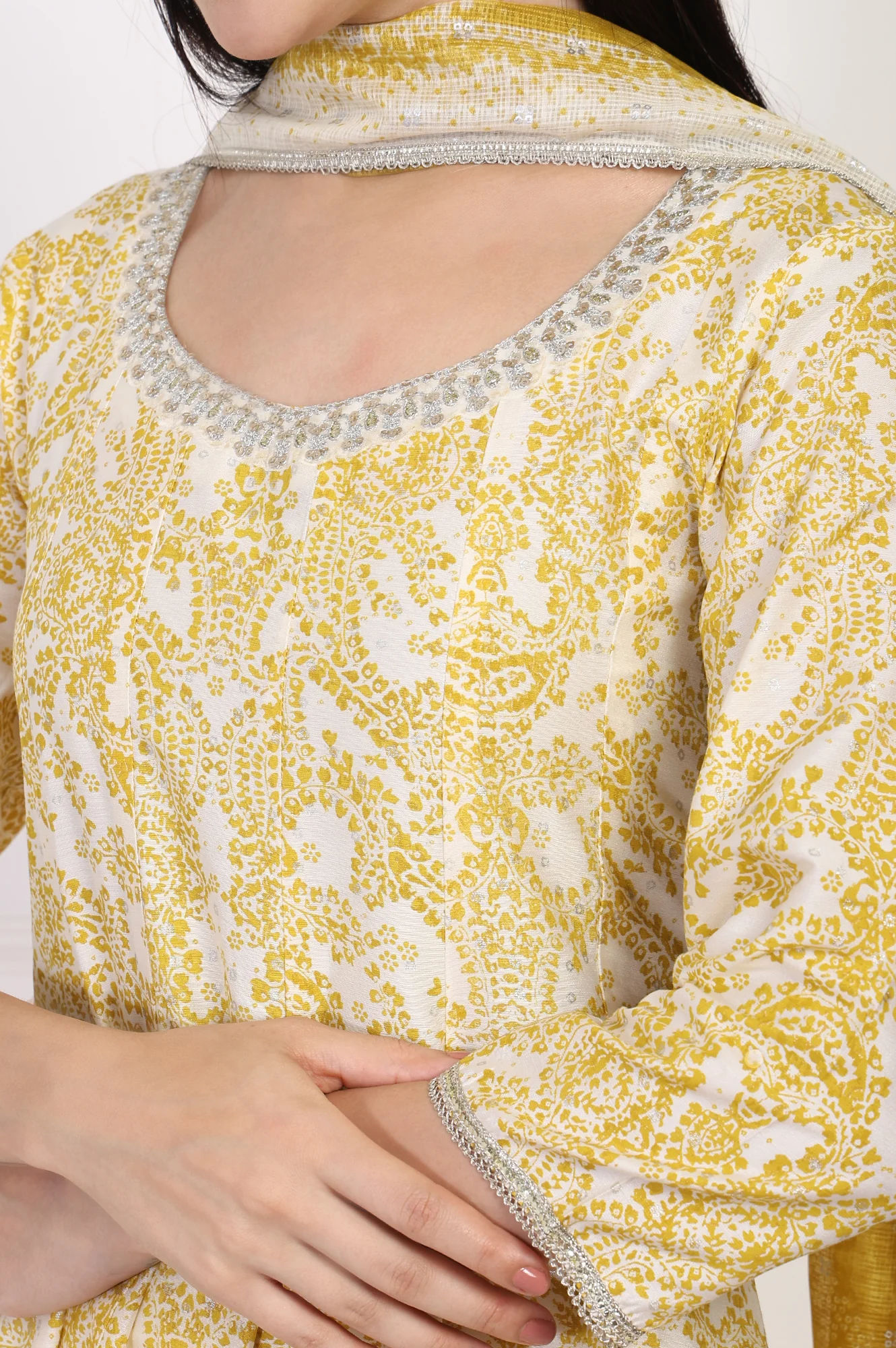 Yellow Paisley Printed Embellished Anarkali Kurta with Straight Pant and Dupatta Set - Image 3