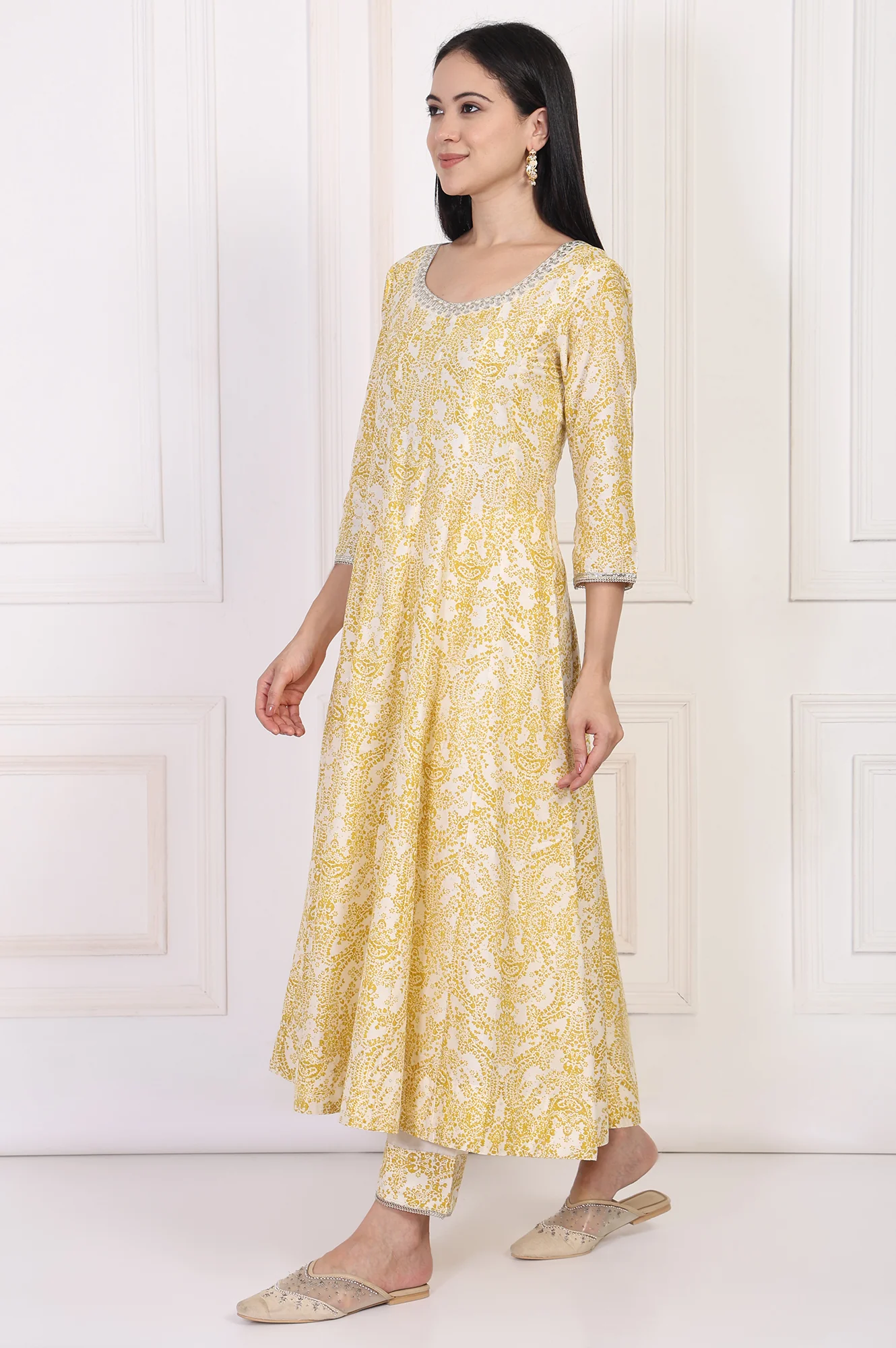 Yellow Paisley Printed Embellished Anarkali Kurta with Straight Pant and Dupatta Set - Image 4