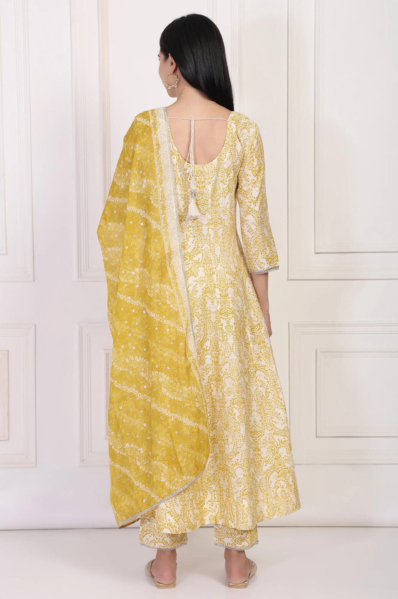Yellow Paisley Printed Embellished Anarkali Kurta with Straight Pant and Dupatta Set - Image 5