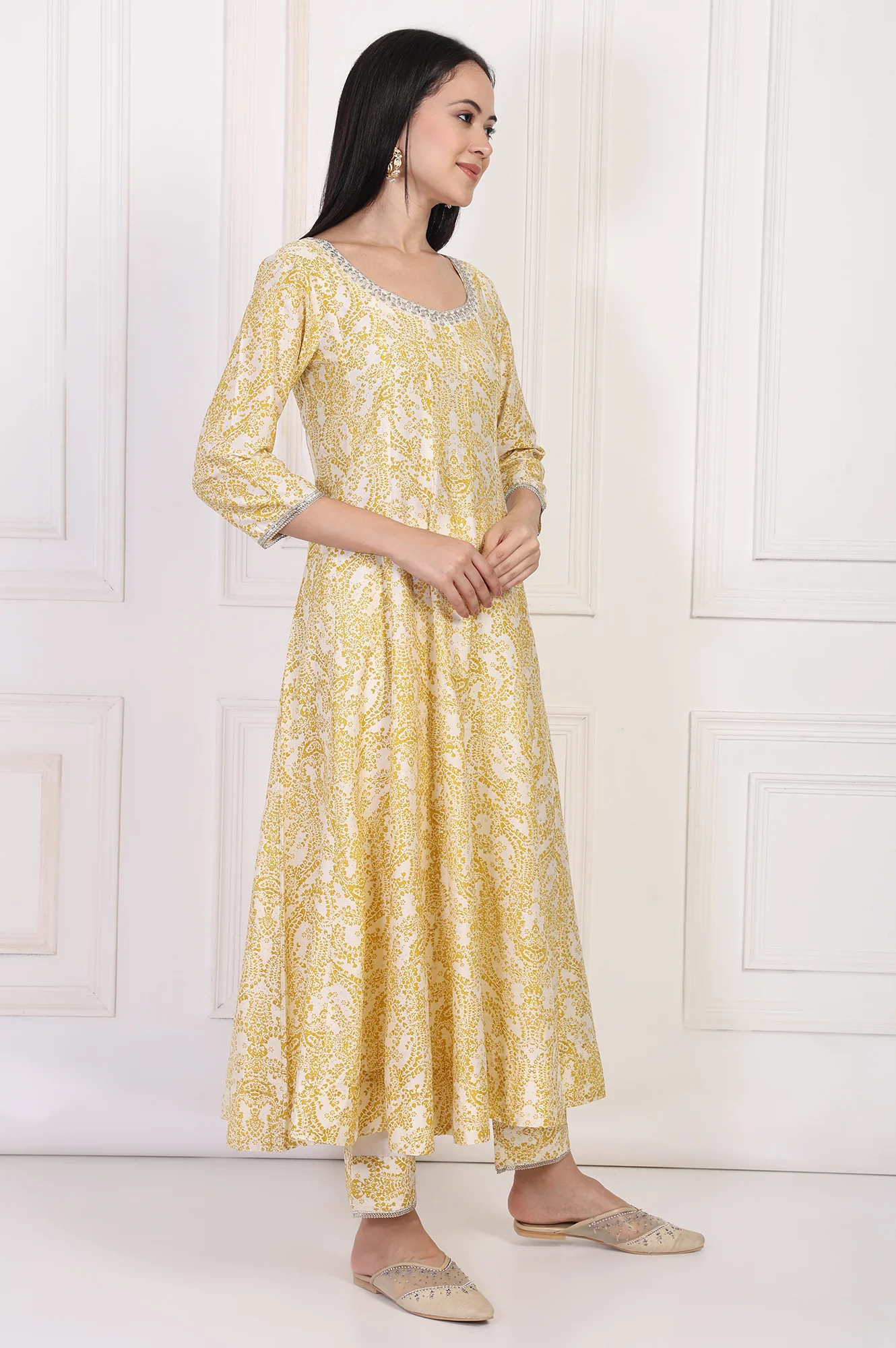Yellow Paisley Printed Embellished Anarkali Kurta with Straight Pant and Dupatta Set - Image 6