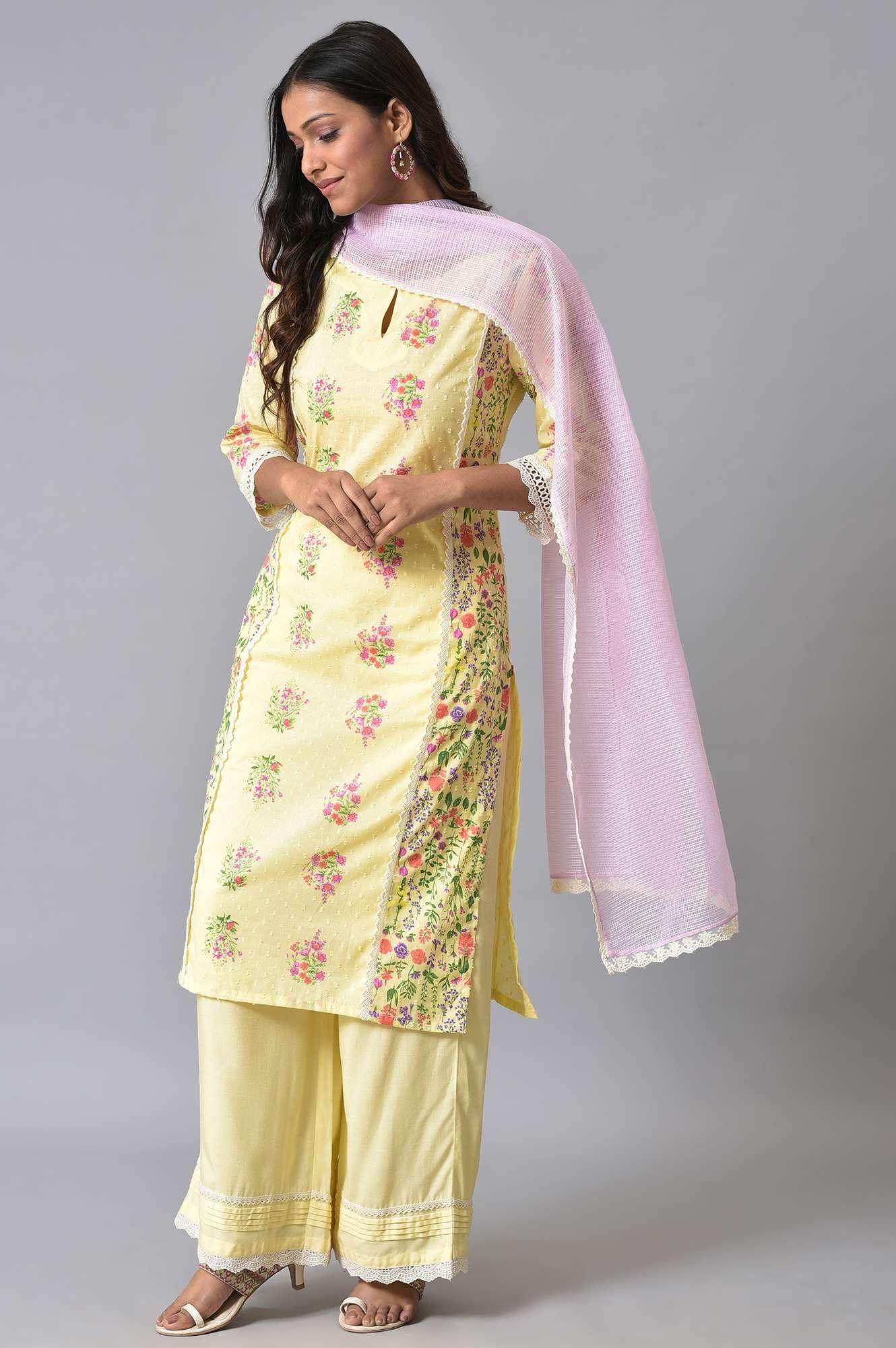 Yellow Panelled Floral Print kurta Set - Image 3