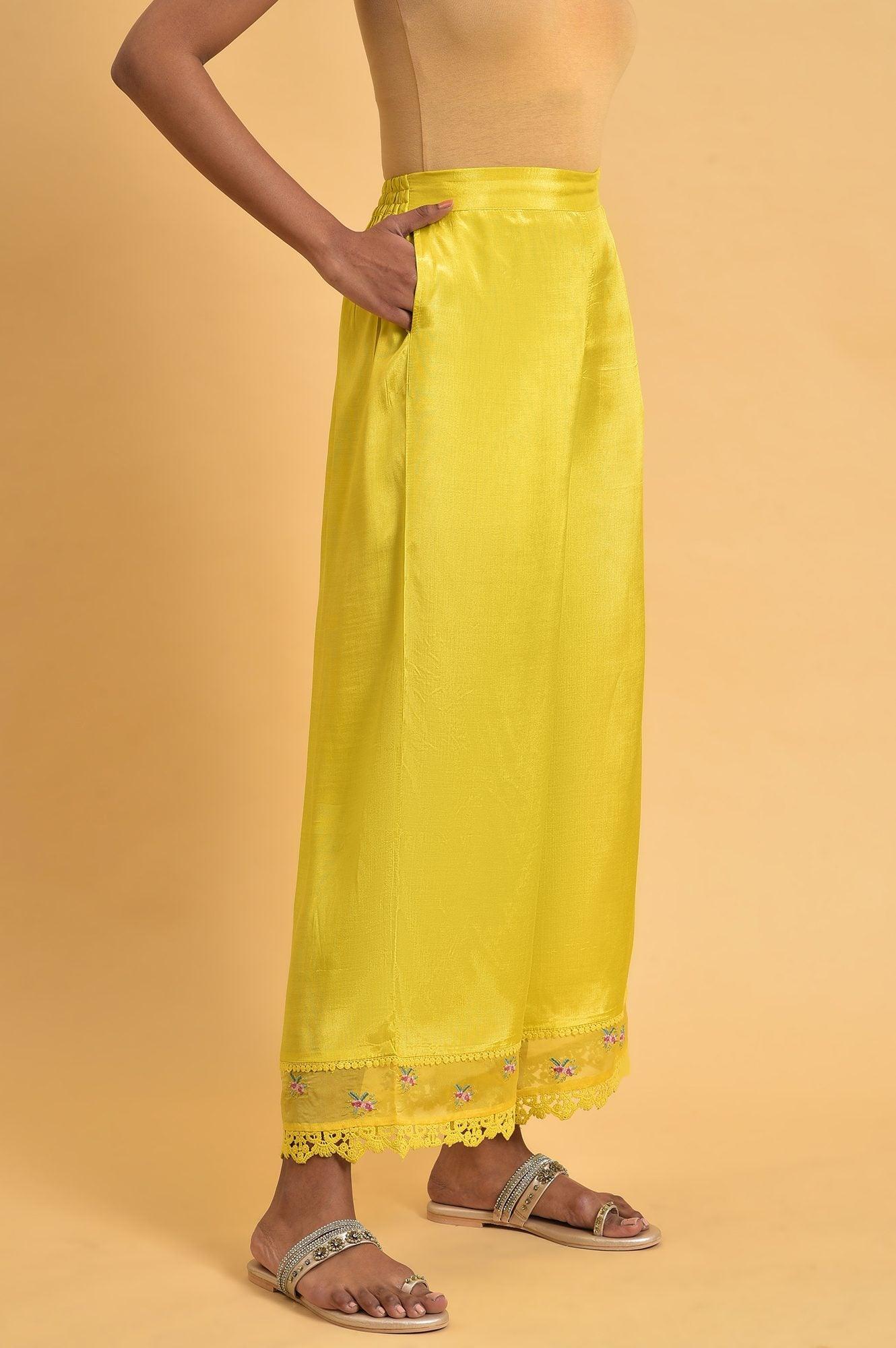 Yellow Parallel Pants With Lace And Embroidery - Image 4