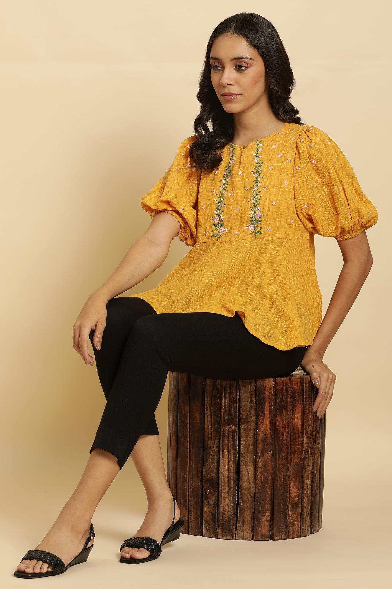 Yellow Peplum Top With Embroidered Yoke - Image 5