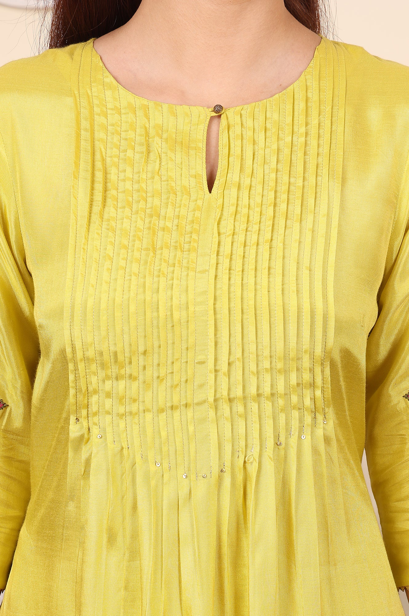 Yellow Pleated Yoke Shantun Kurta With Embroidery - Image 3