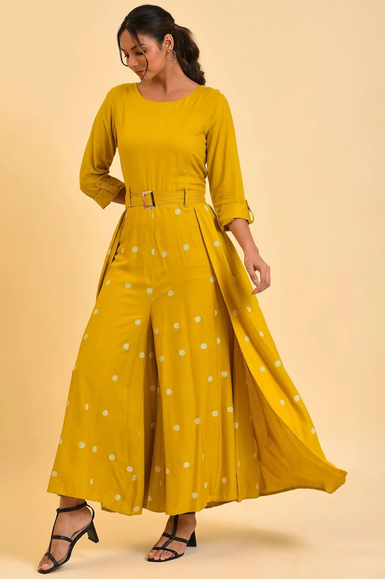 Yellow Polka Dot Jumpsuit with Belt - Image 3