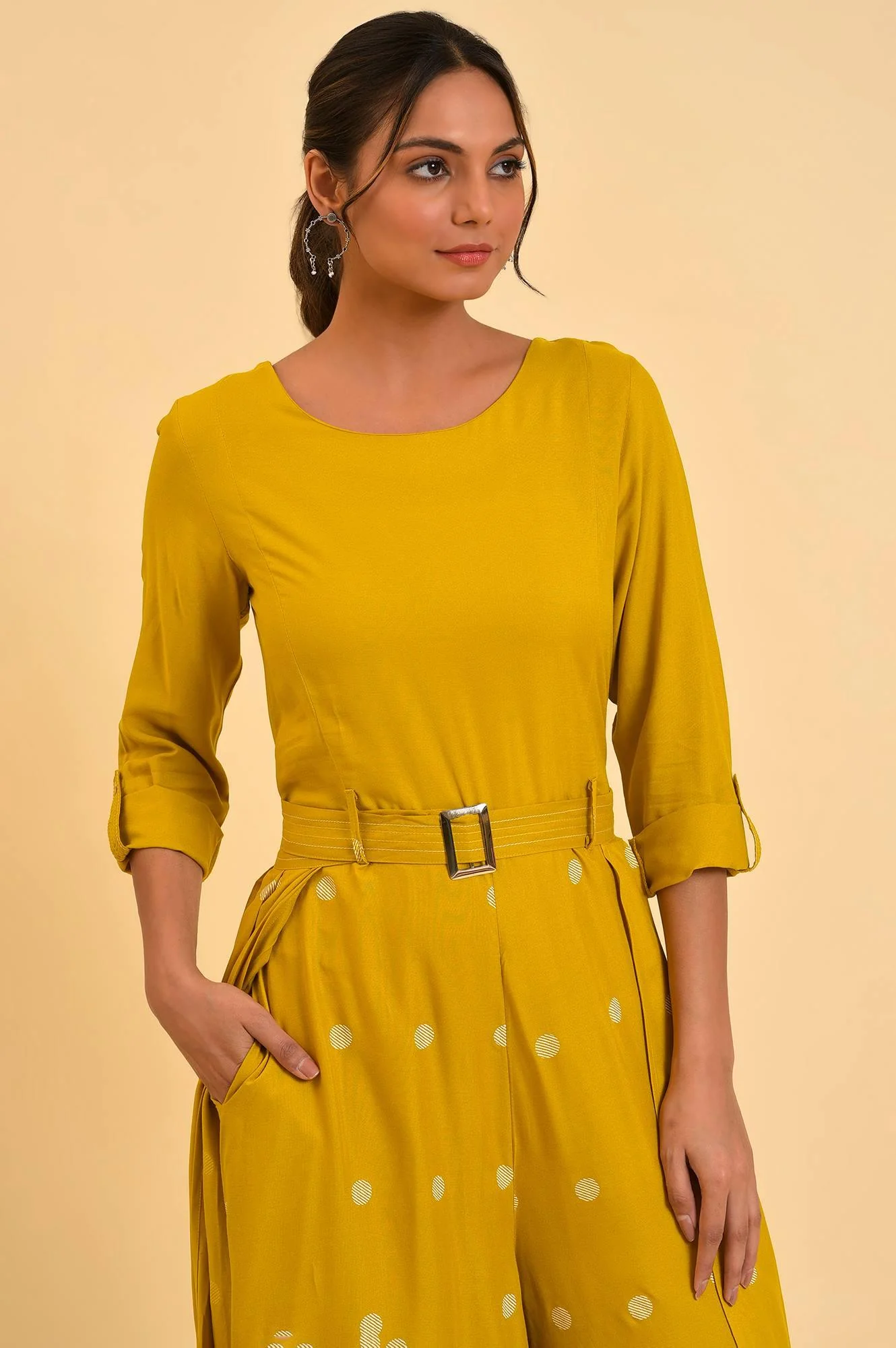 Yellow Polka Dot Jumpsuit with Belt - Image 5