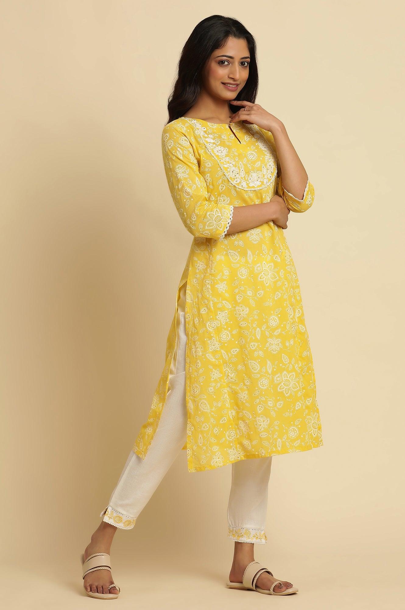 Yellow Printed A-Line Cotton Kurta - Image 5