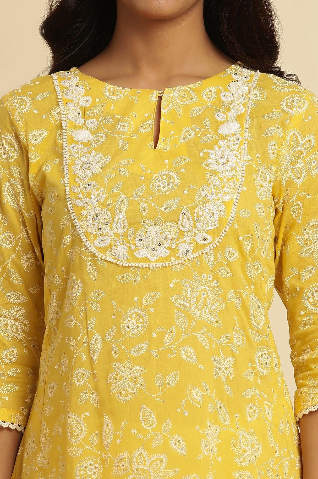 Yellow Printed A-Line Cotton Kurta - Image 6