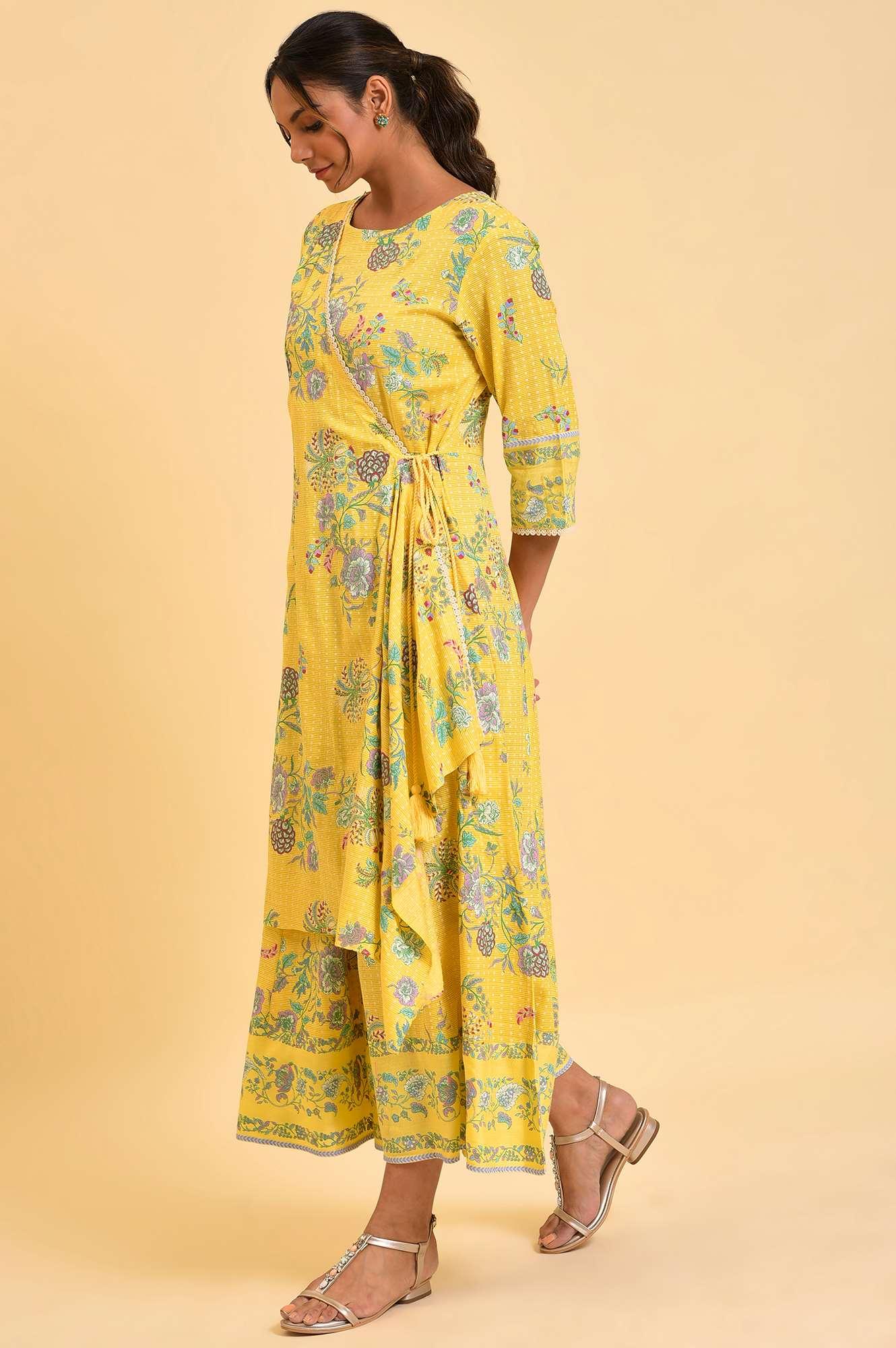 Yellow Printed Angrakha Jumpsuit - Image 3