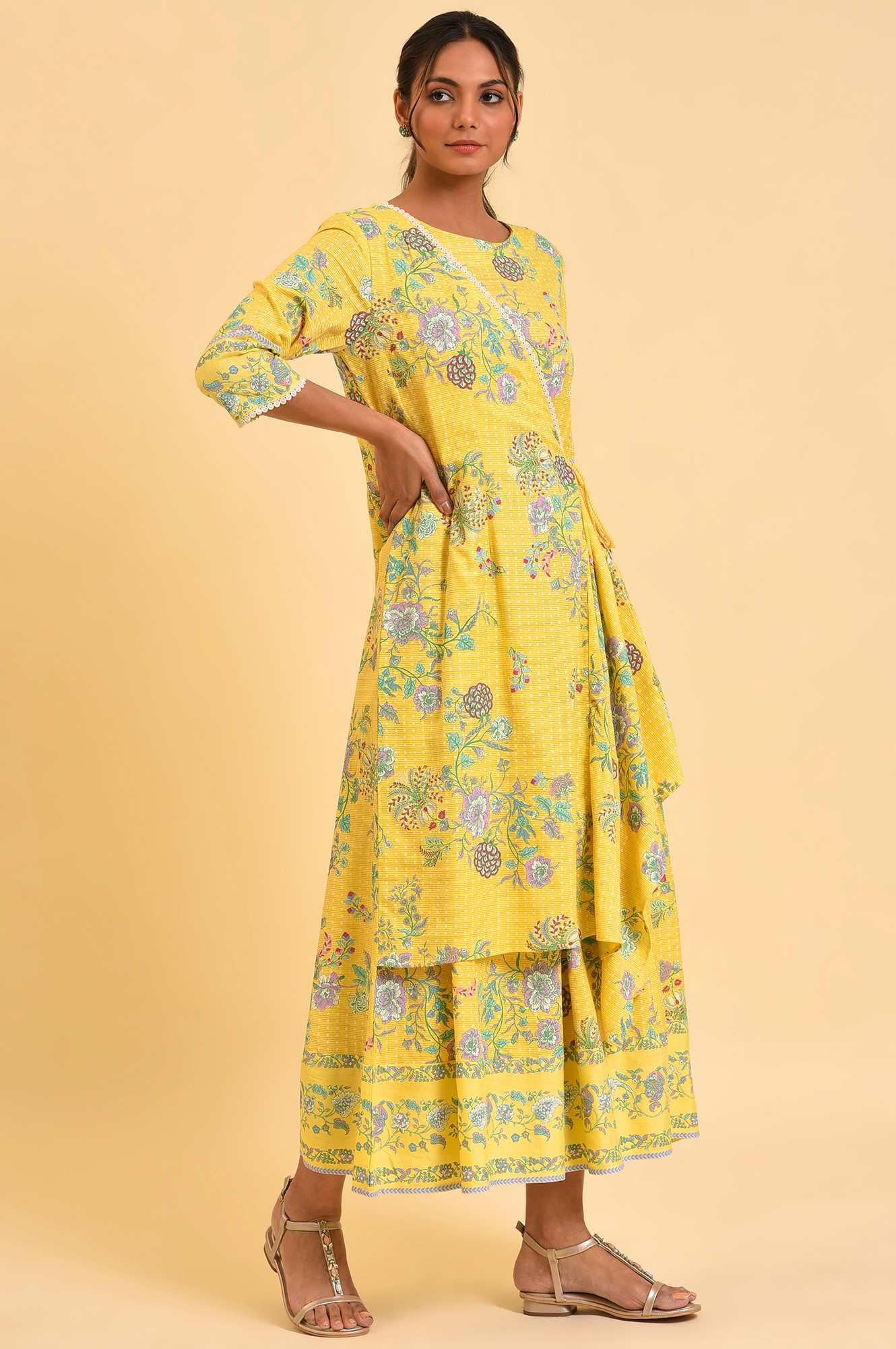 Yellow Printed Angrakha Jumpsuit - Image 4