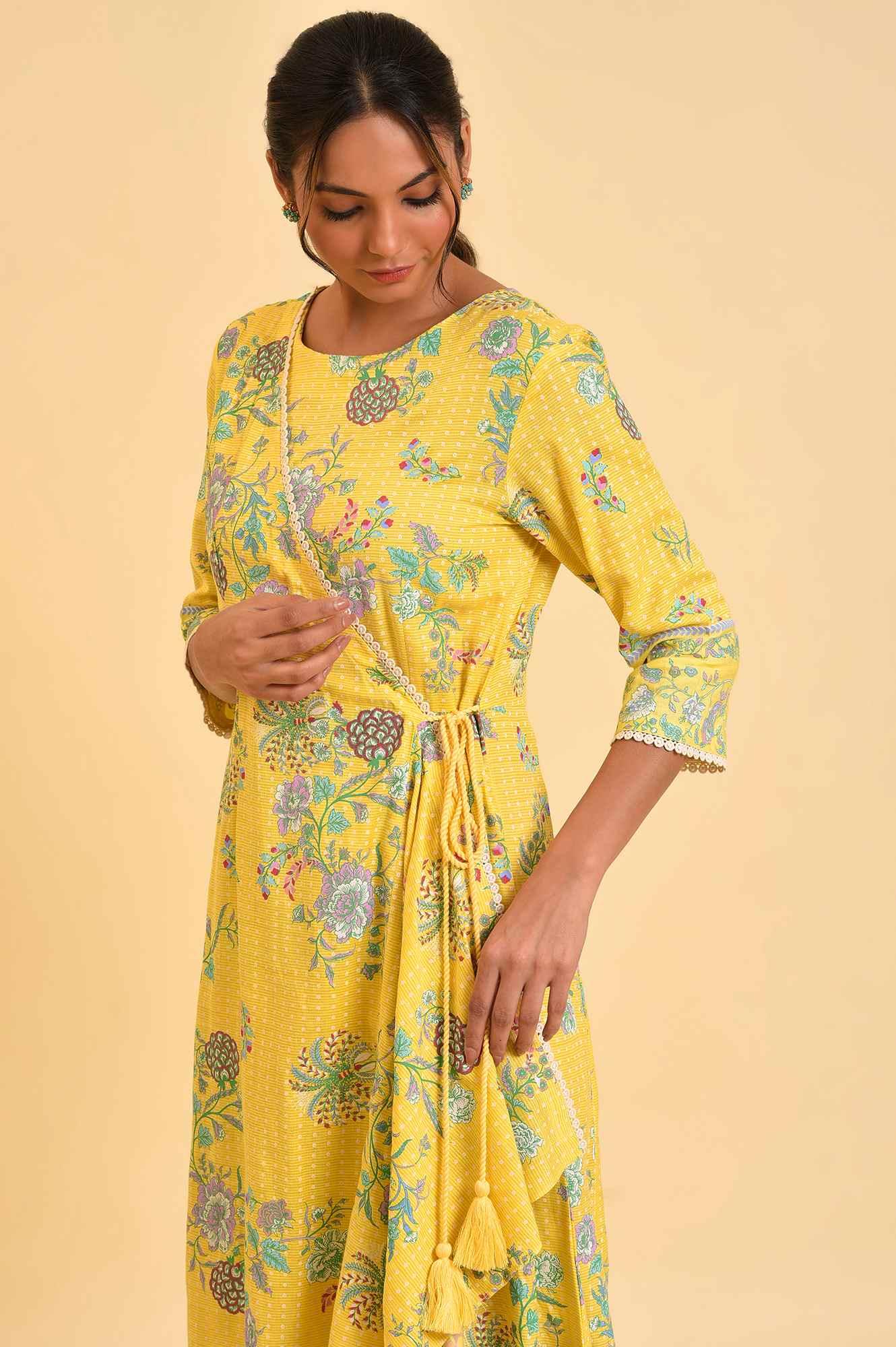 Yellow Printed Angrakha Jumpsuit - Image 5