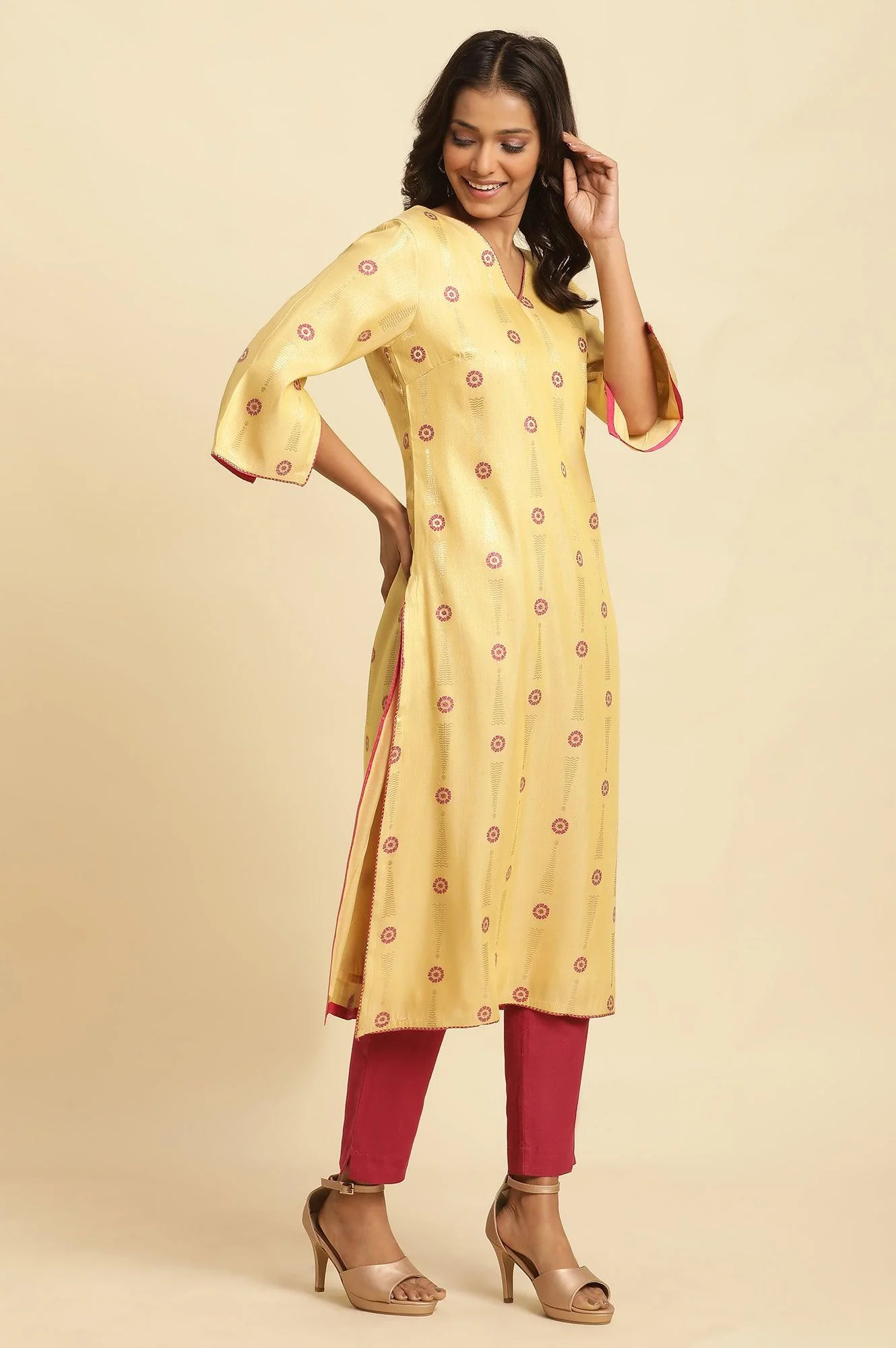 Yellow Printed Jacquard Kurta - Image 3