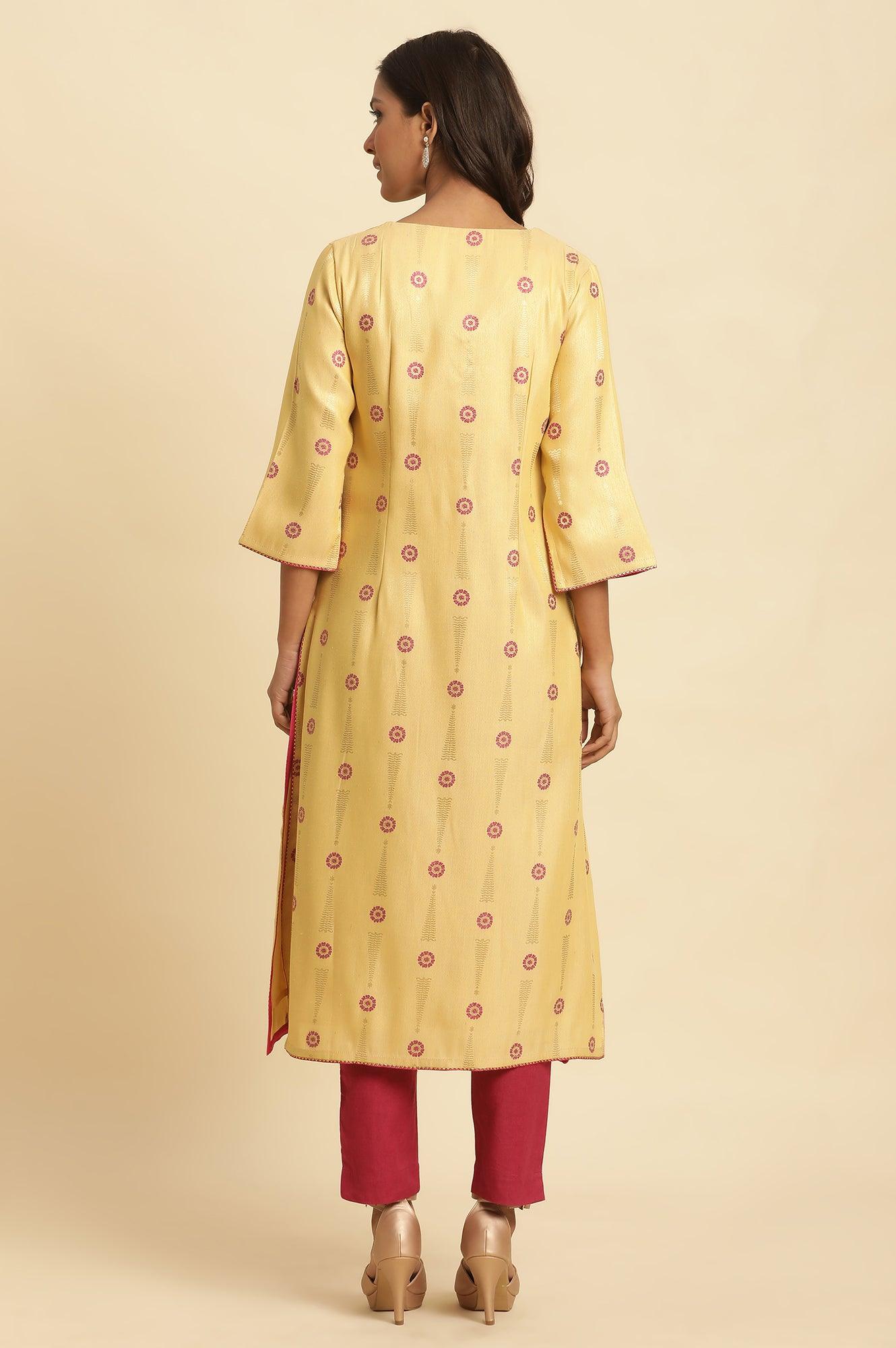 Yellow Printed Jacquard Kurta - Image 4