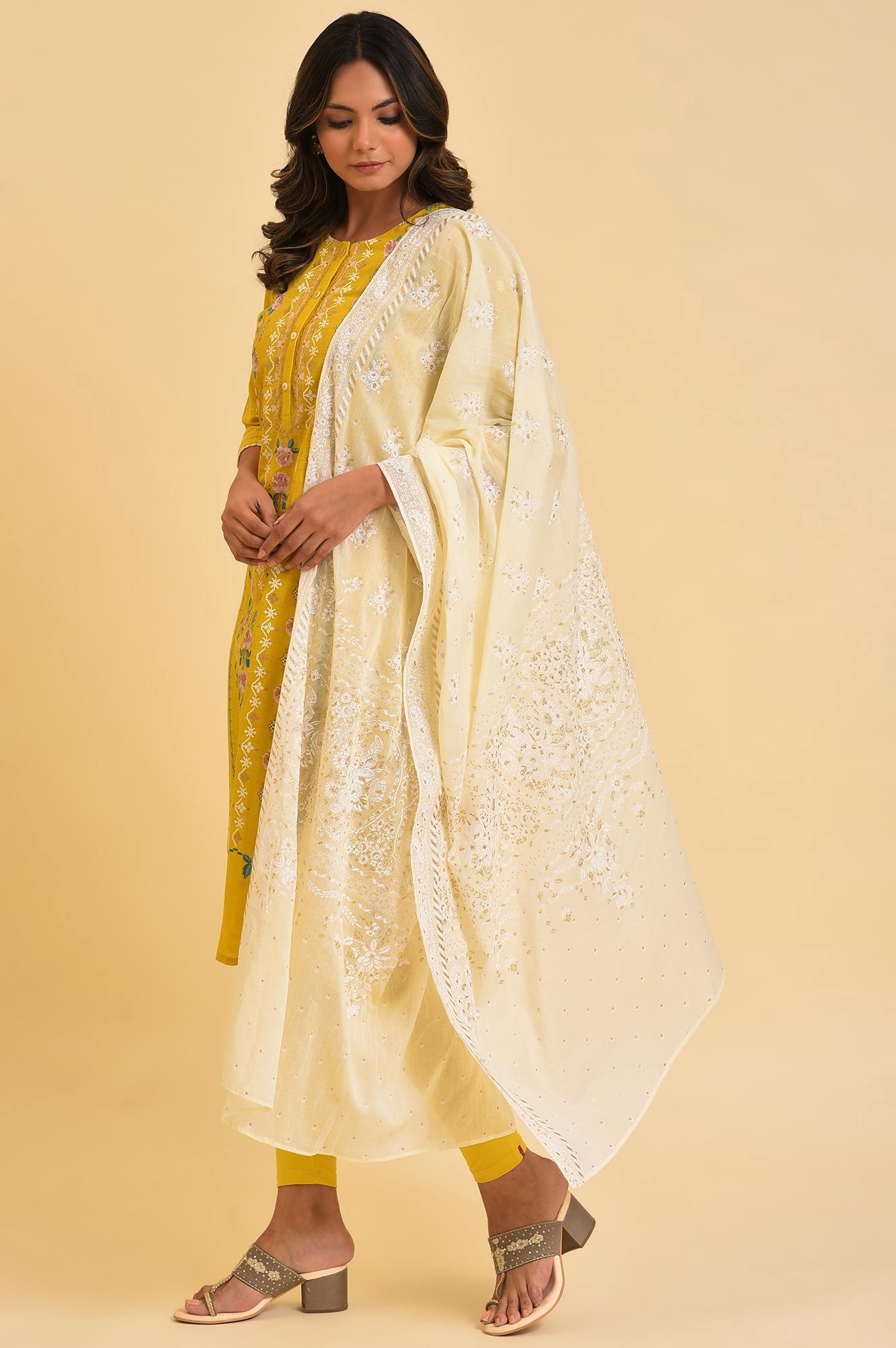 Yellow Printed kurta, Tights & Dupatta Set - Image 3
