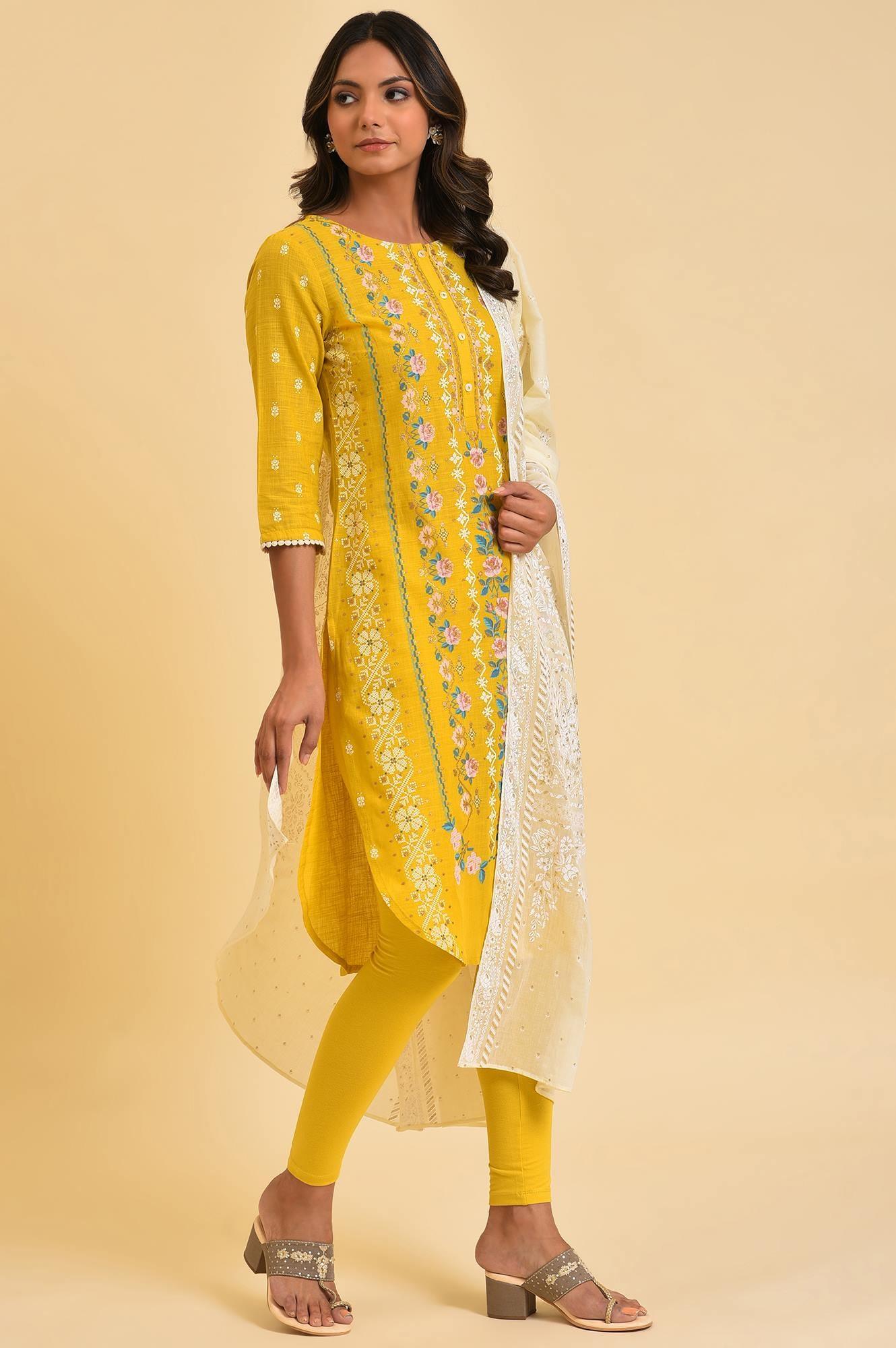 Yellow Printed kurta, Tights & Dupatta Set - Image 4
