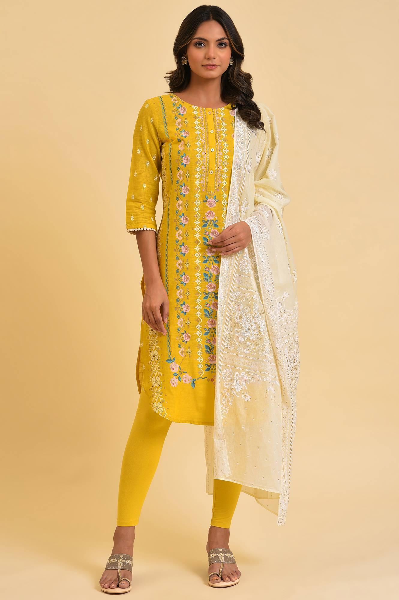 Yellow Printed kurta, Tights & Dupatta Set - Image 9