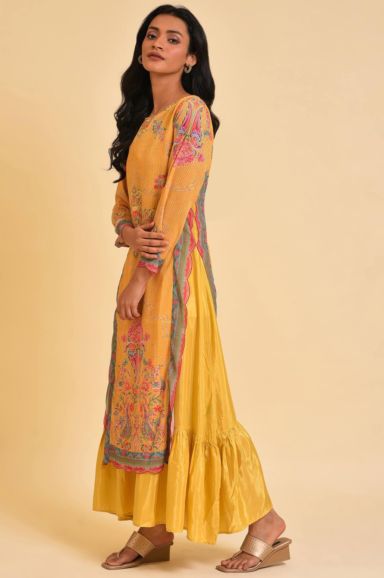 Yellow Printed Mock Layer Dress - Image 3
