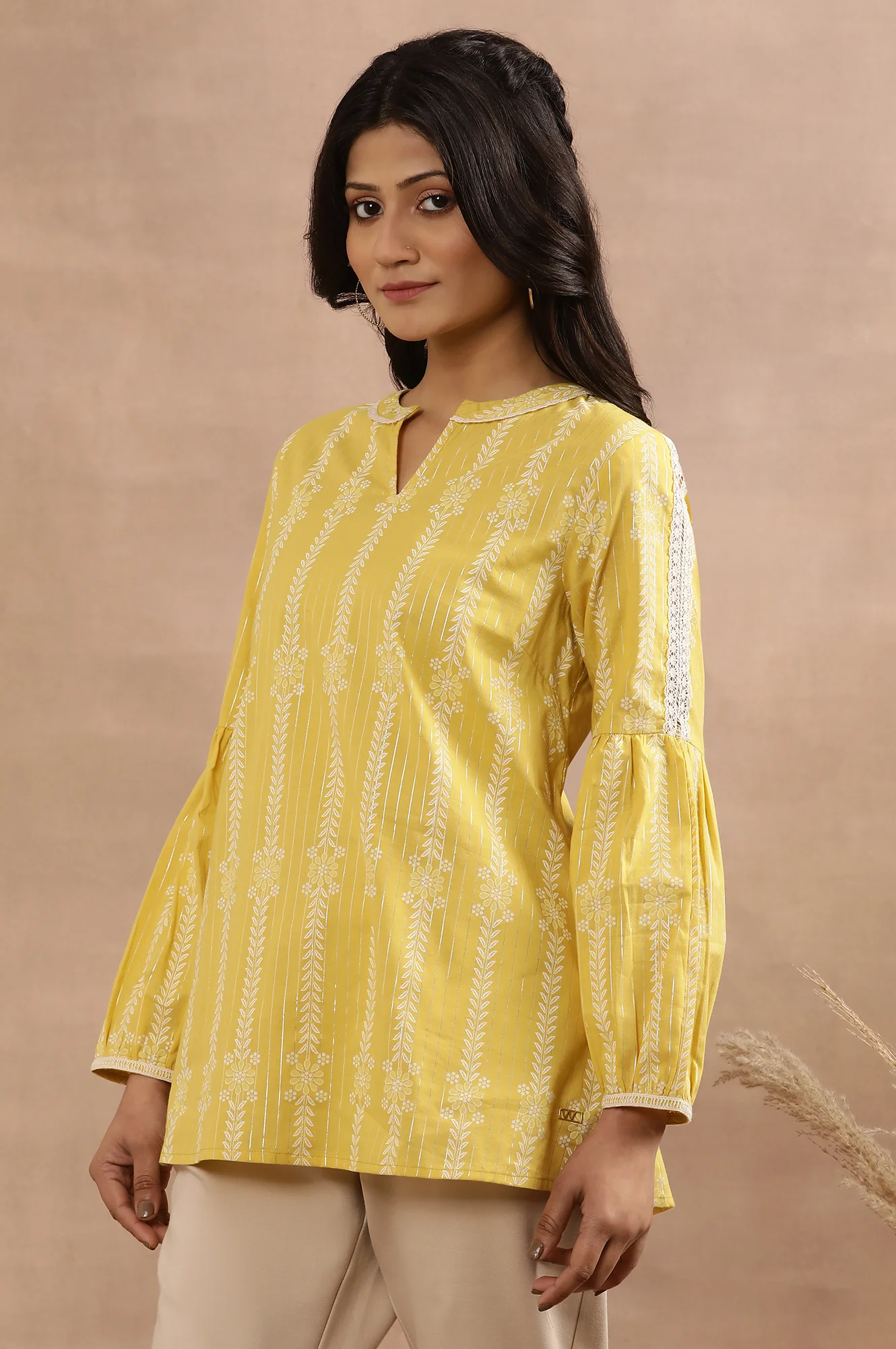 Yellow Printed Top With Tie-Up Detail - Image 2