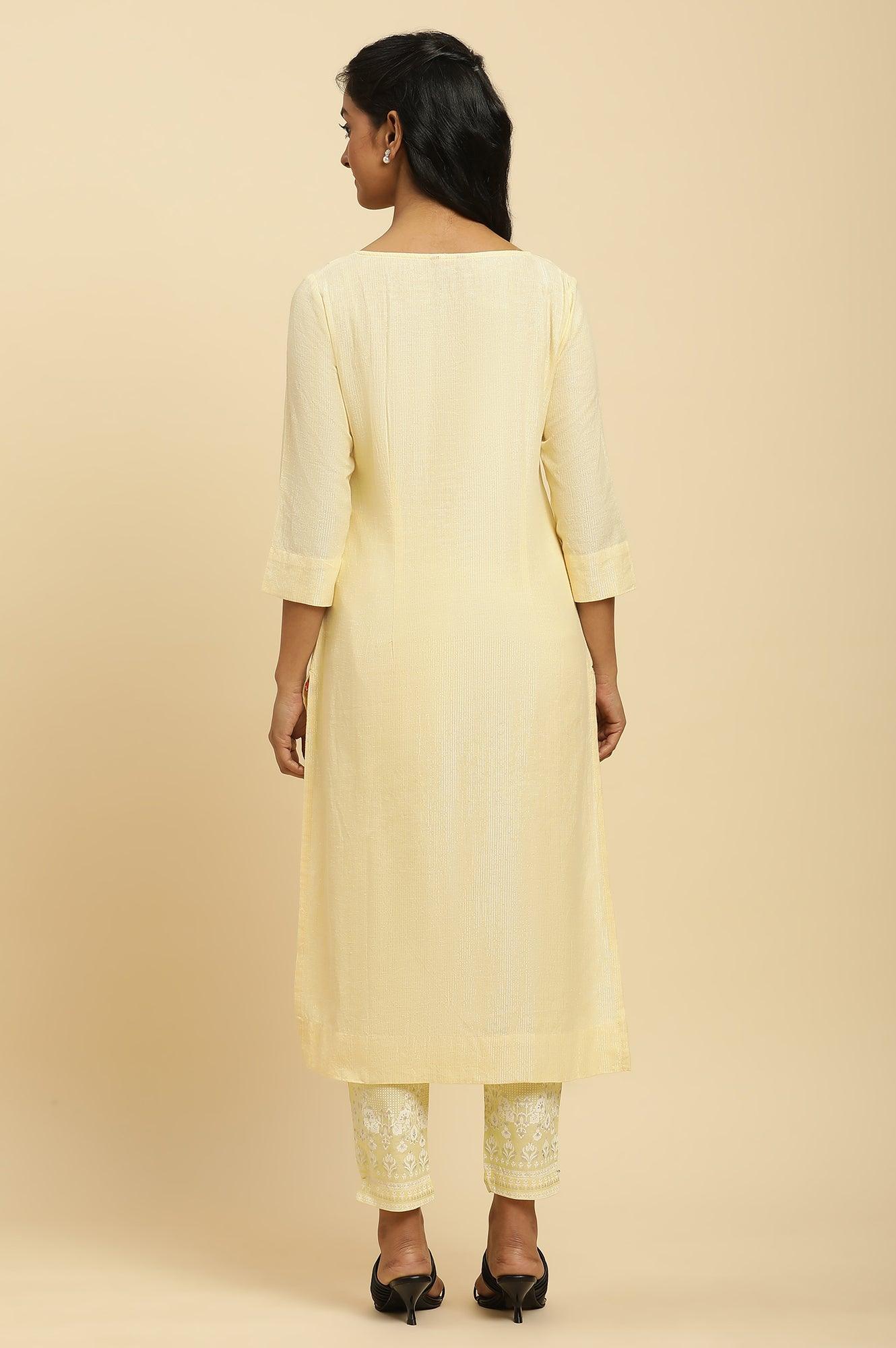 Yellow Round Neck Kurta And Slim Pants Set - Image 4