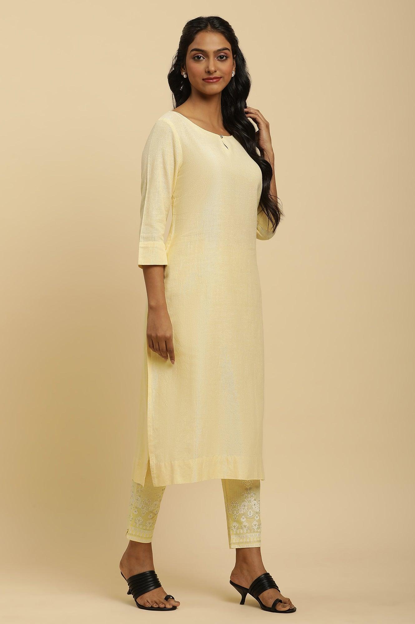 Yellow Round Neck Kurta And Slim Pants Set - Image 5