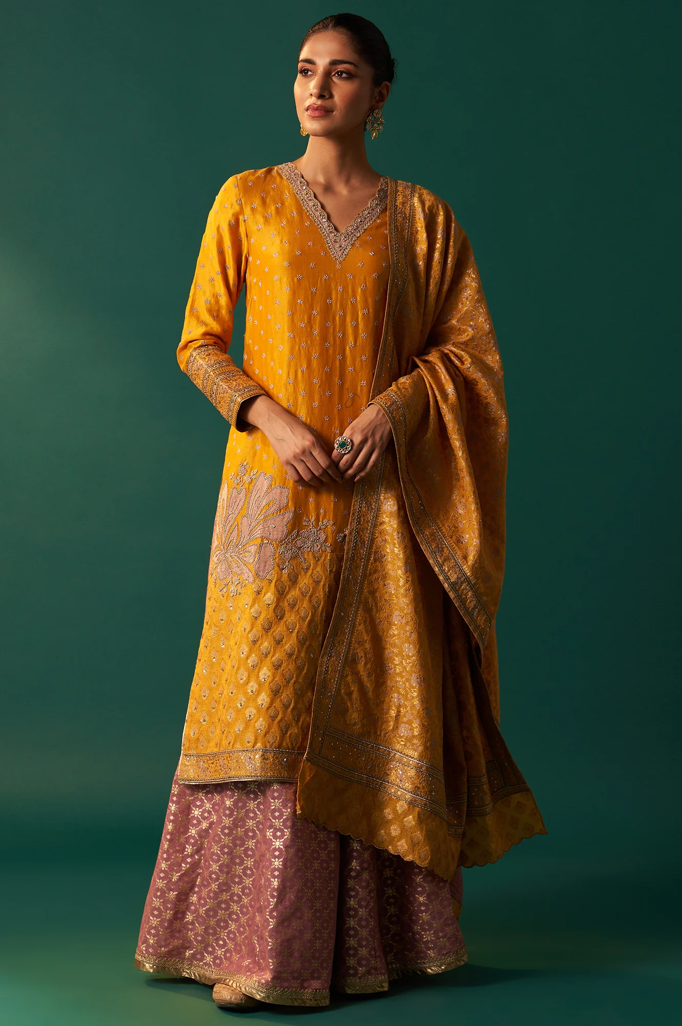 Yellow Embroidered Jacquard Straight Festive Kurta with Culotte and Dupatta Set - Image 2