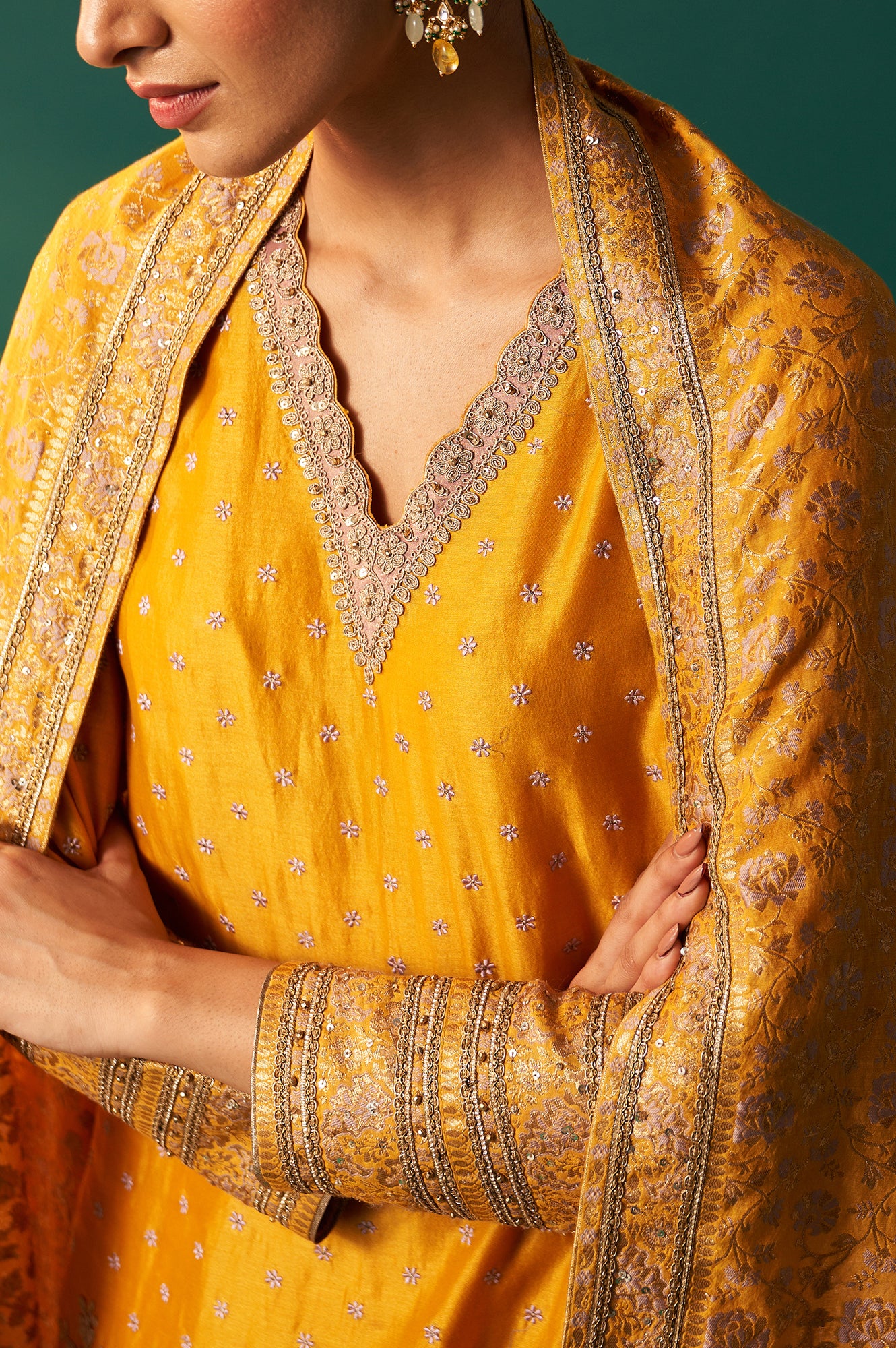Yellow Embroidered Jacquard Straight Festive Kurta with Culotte and Dupatta Set - Image 3