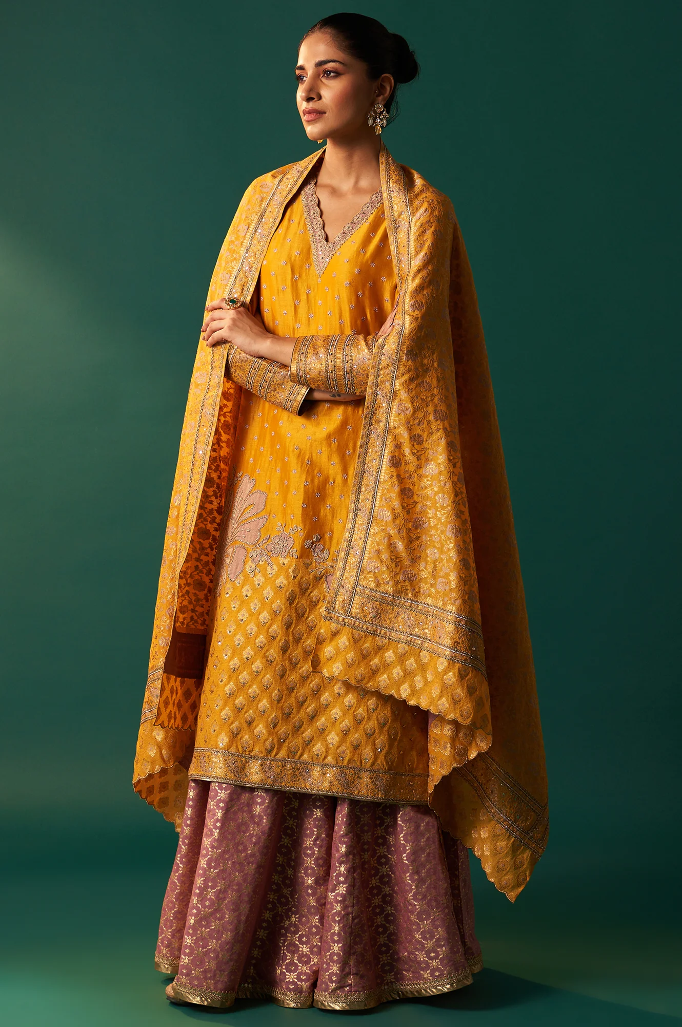 Yellow Embroidered Jacquard Straight Festive Kurta with Culotte and Dupatta Set - Image 4