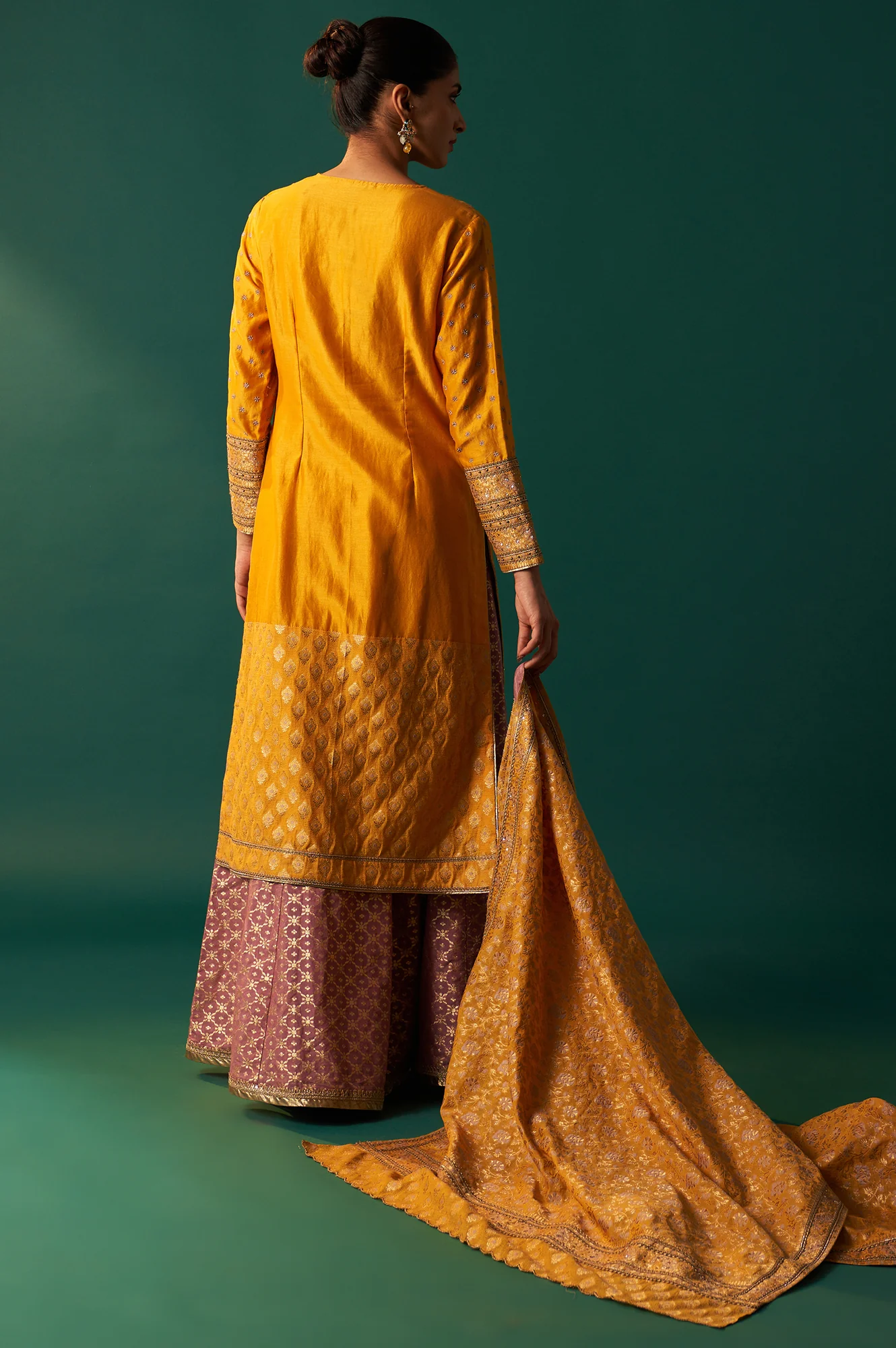 Yellow Embroidered Jacquard Straight Festive Kurta with Culotte and Dupatta Set - Image 5