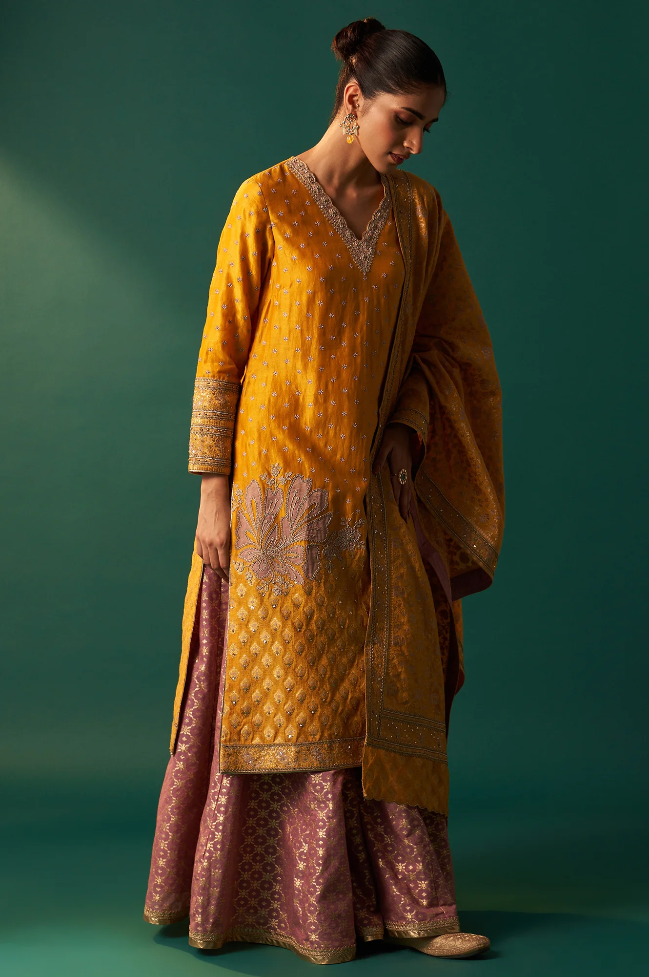 Yellow Embroidered Jacquard Straight Festive Kurta with Culotte and Dupatta Set - Image 6