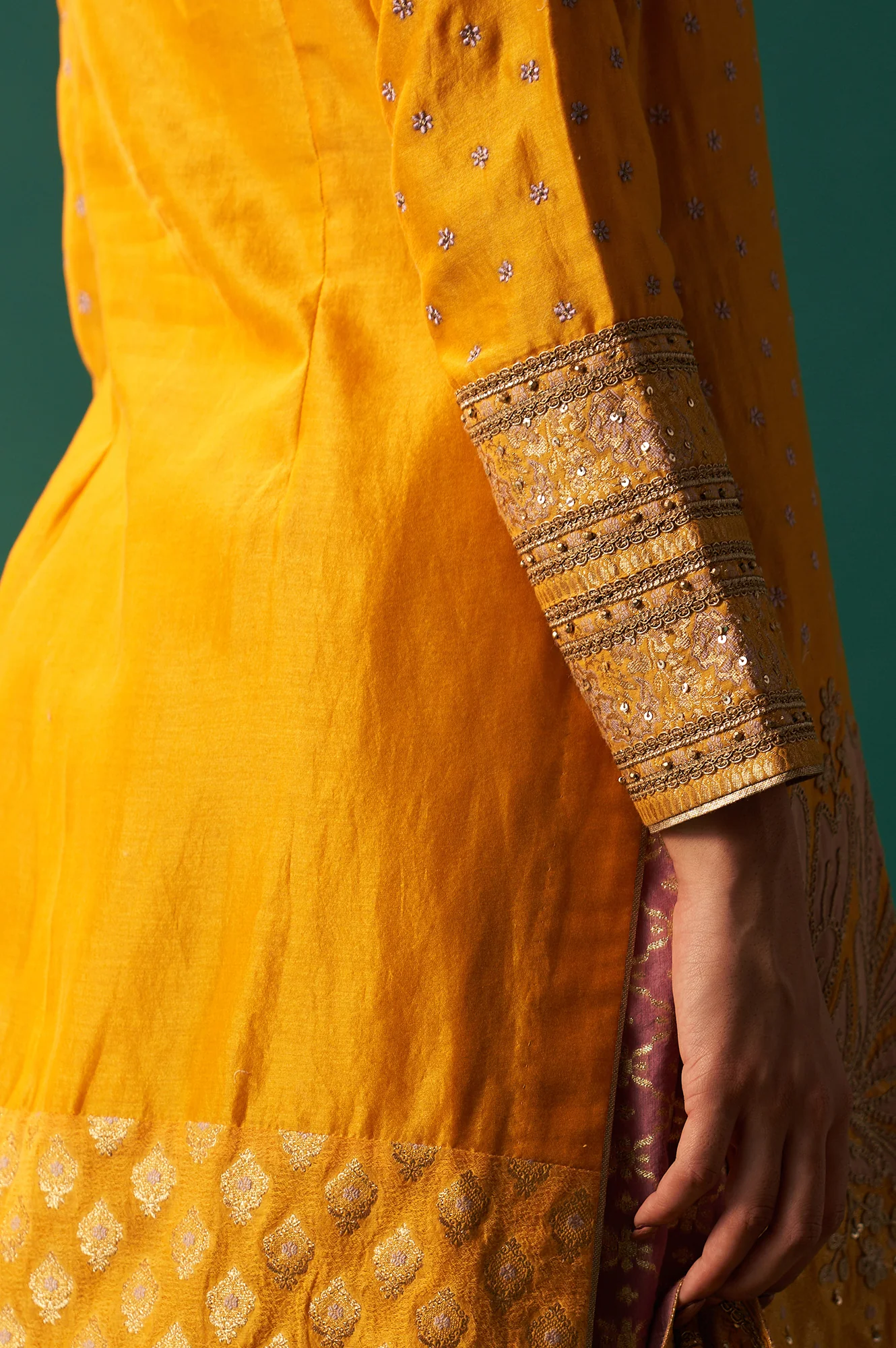 Yellow Embroidered Jacquard Straight Festive Kurta with Culotte and Dupatta Set - Image 8