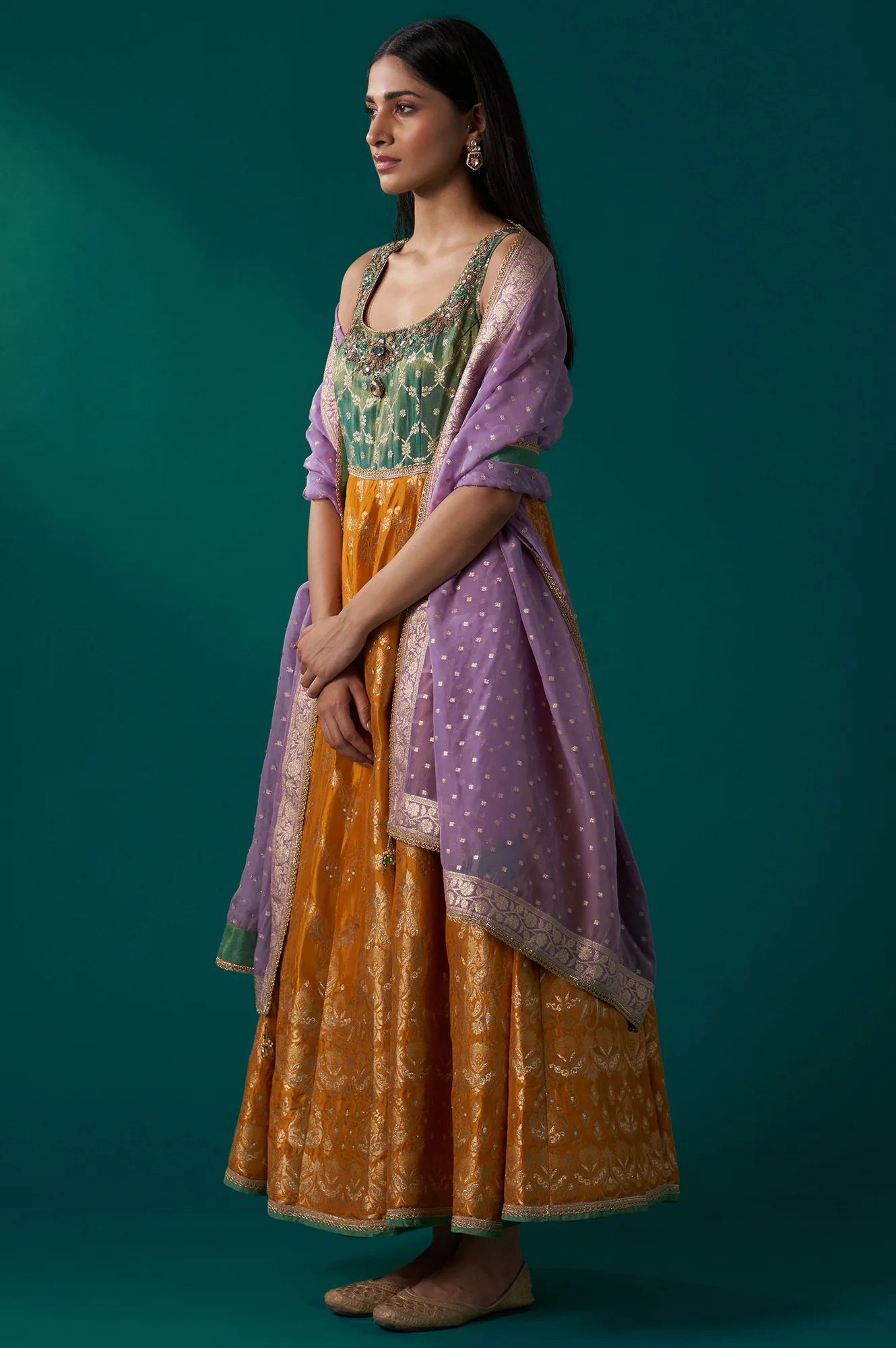 Yellow and Green Zardozi Embroidered Jacquard Anarkali Kurta with Churidar and Dupatta Set - Image 3