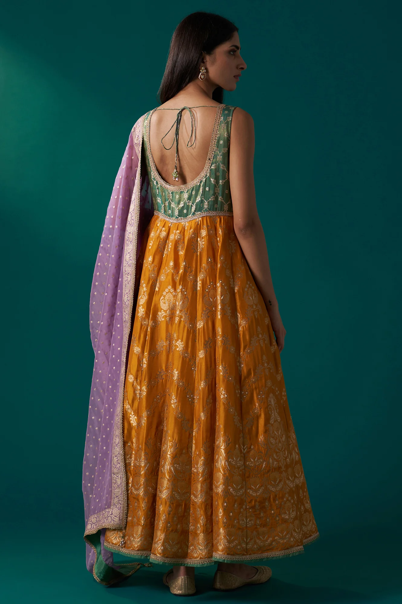Yellow and Green Zardozi Embroidered Jacquard Anarkali Kurta with Churidar and Dupatta Set - Image 4