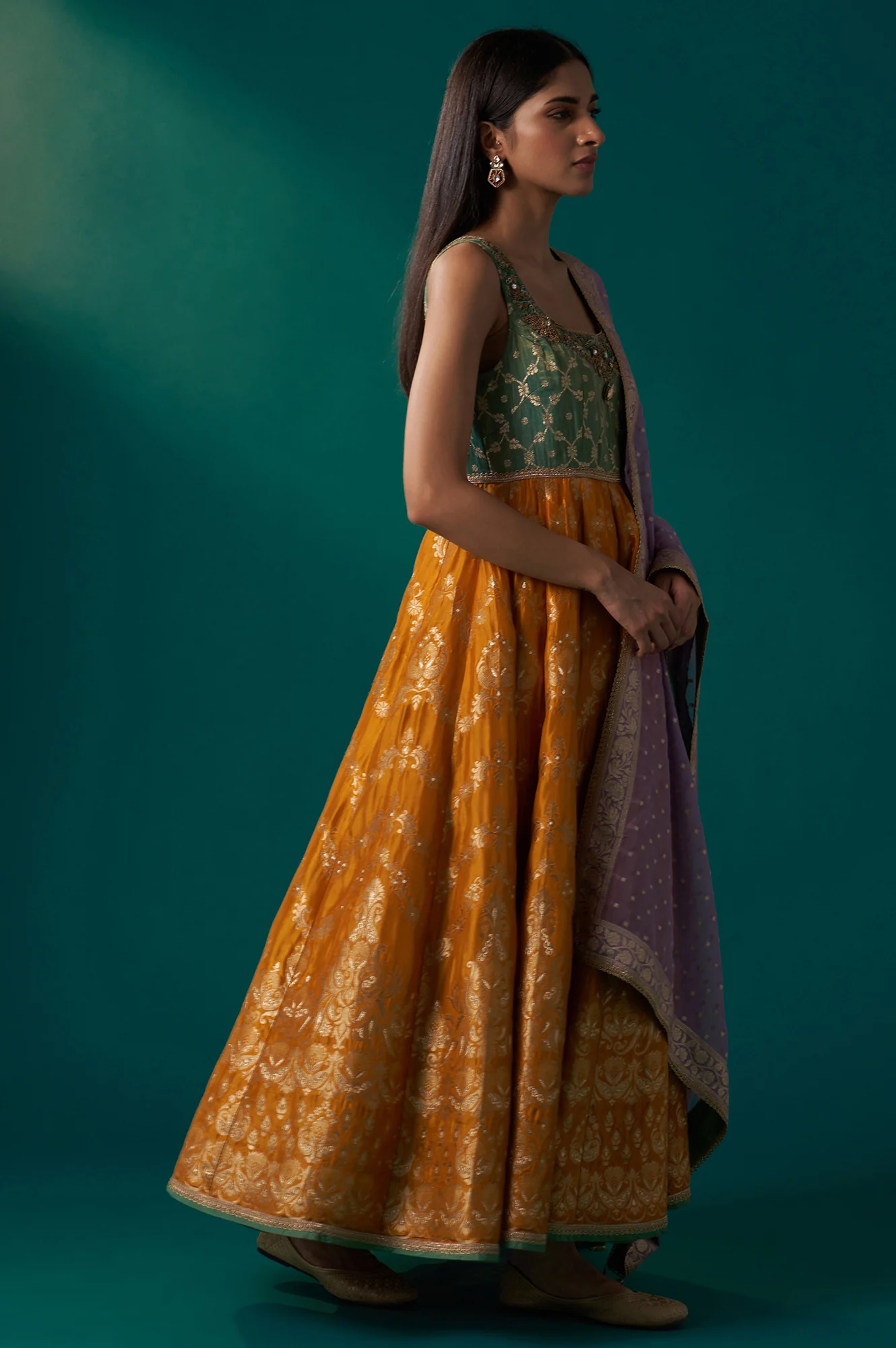 Yellow and Green Zardozi Embroidered Jacquard Anarkali Kurta with Churidar and Dupatta Set - Image 5