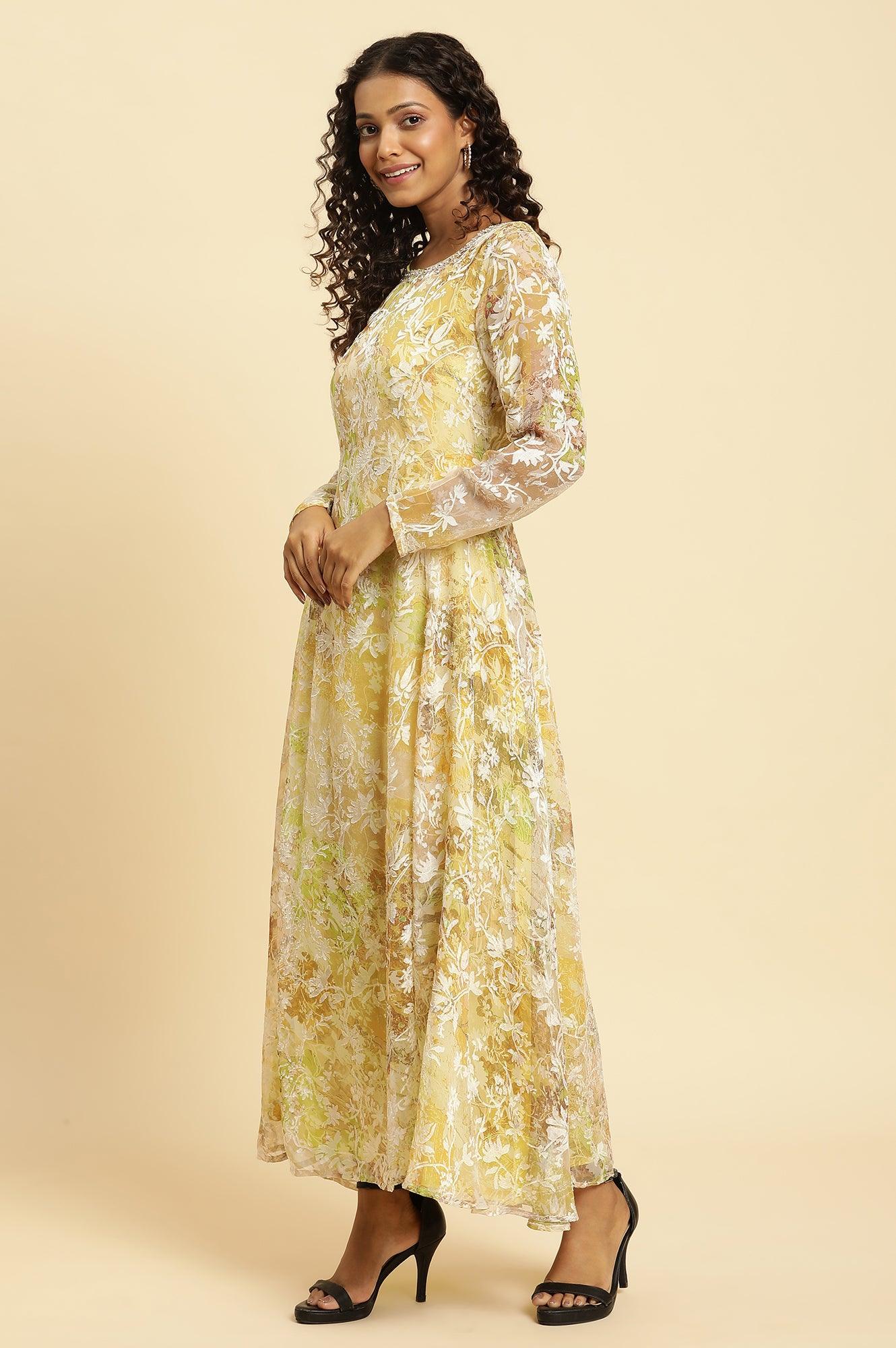 Yellow Self-Designed Flared Dress - Image 3