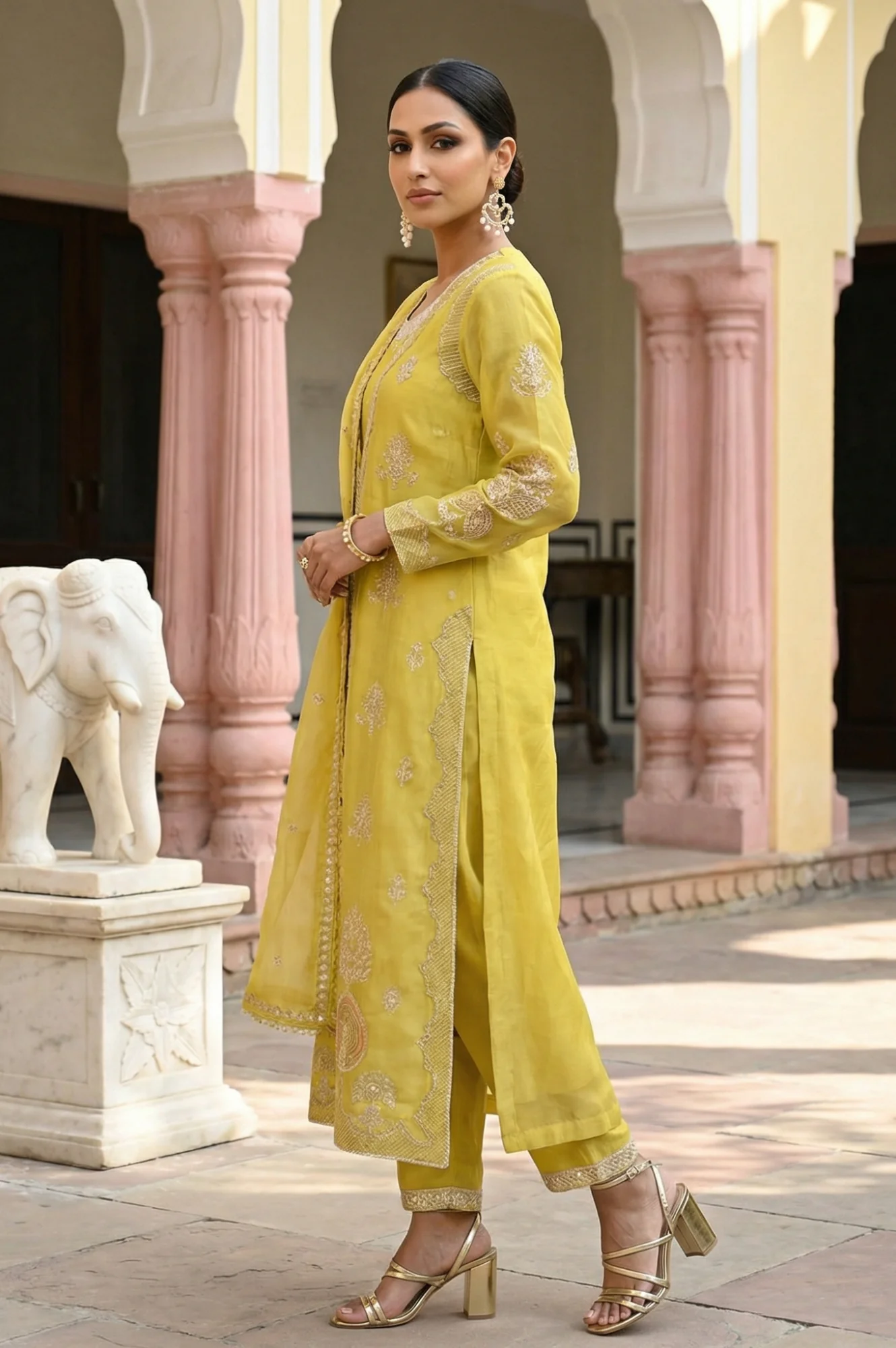 Yellow Sequins Thread Embroidered Georgette Straight Dress with Pants, Dupatta and Jacket Set - Image 4