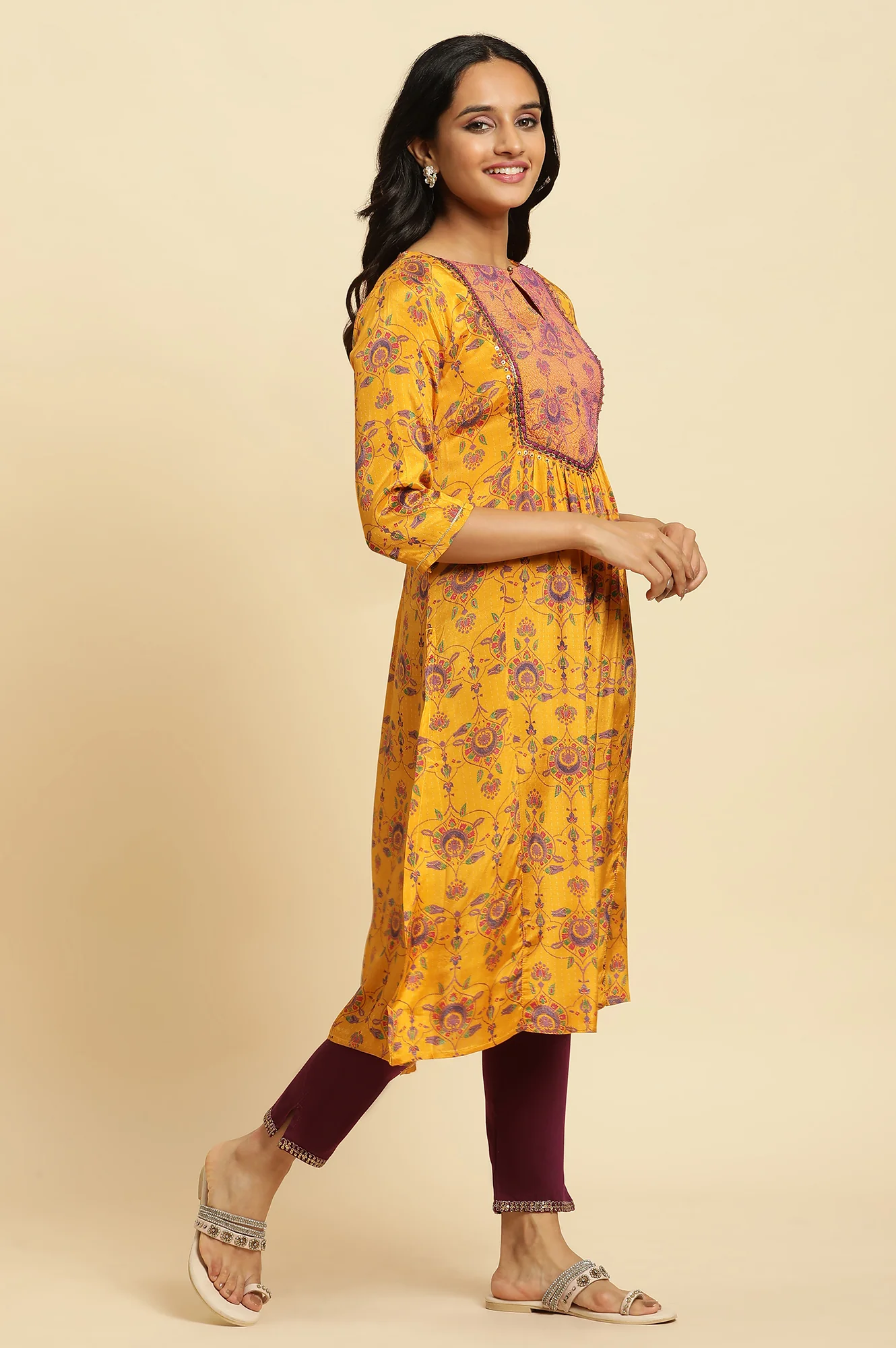 Yellow Floral Printed Sequined Shantung Straight Kurta - Image 5